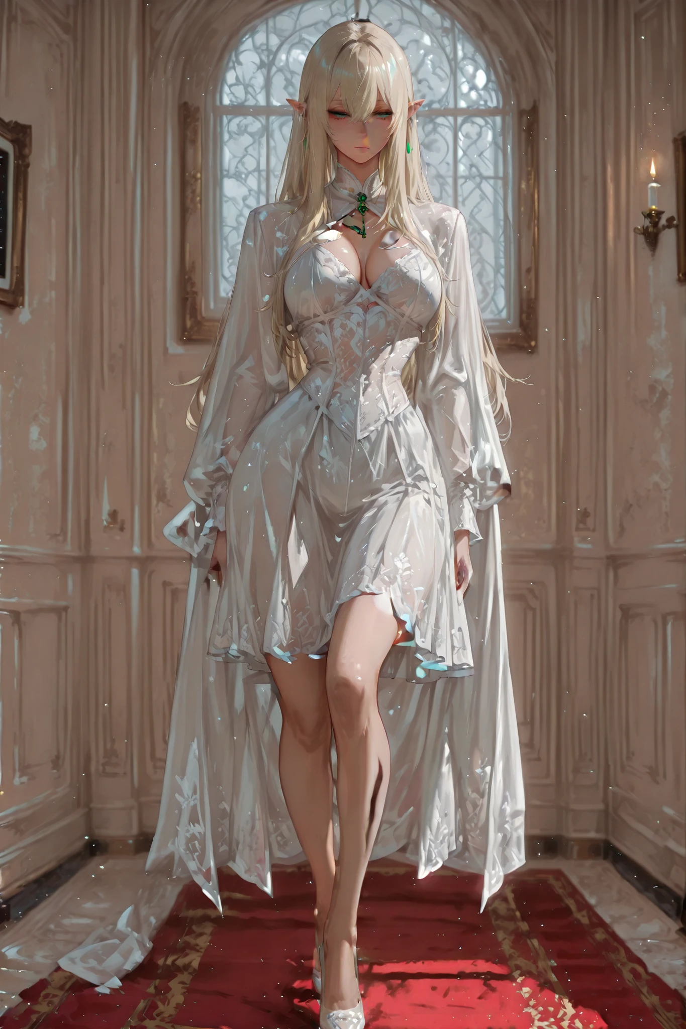 a woman in a white dress and cape walking on a red carpet, beautiful alluring anime woman, guweiz masterpiece, anime woman fullbody art, fine details. girls frontline, anime character; full body art, | fine detail anime, 3d anime girl, female anime character, hajime sorayama designed girl, guweiz, standing elegant pose, elf ears, pointed ears ,