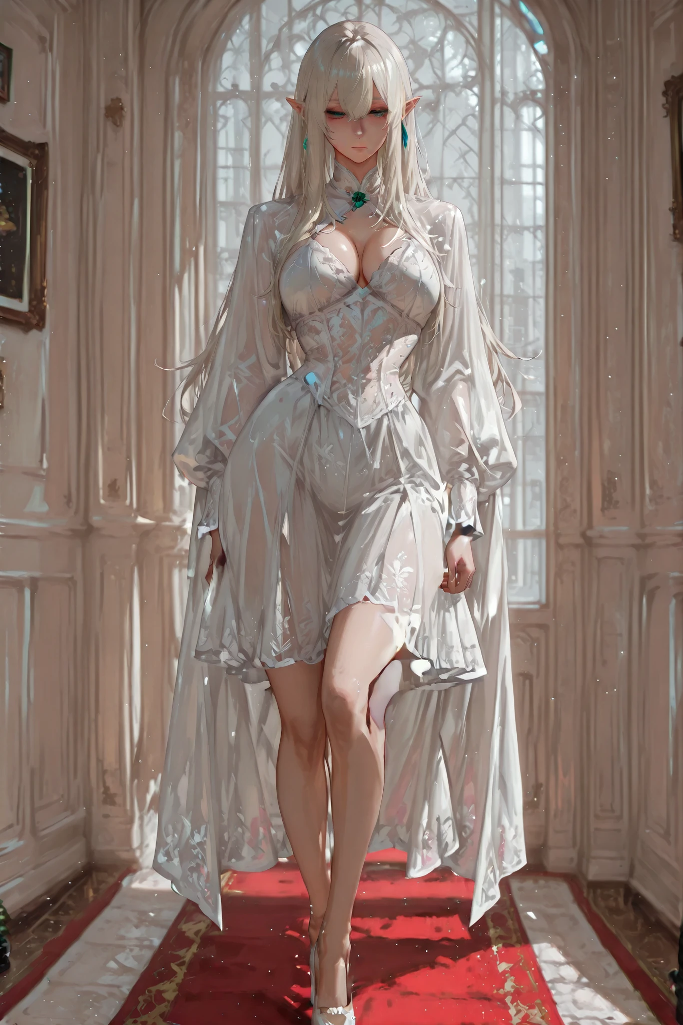 a woman in a white dress and cape walking on a red carpet, beautiful alluring anime woman, guweiz masterpiece, anime woman fullbody art, fine details. girls frontline, anime character; full body art, | fine detail anime, 3d anime girl, female anime character, hajime sorayama designed girl, guweiz, standing elegant pose, elf ears, pointed ears ,