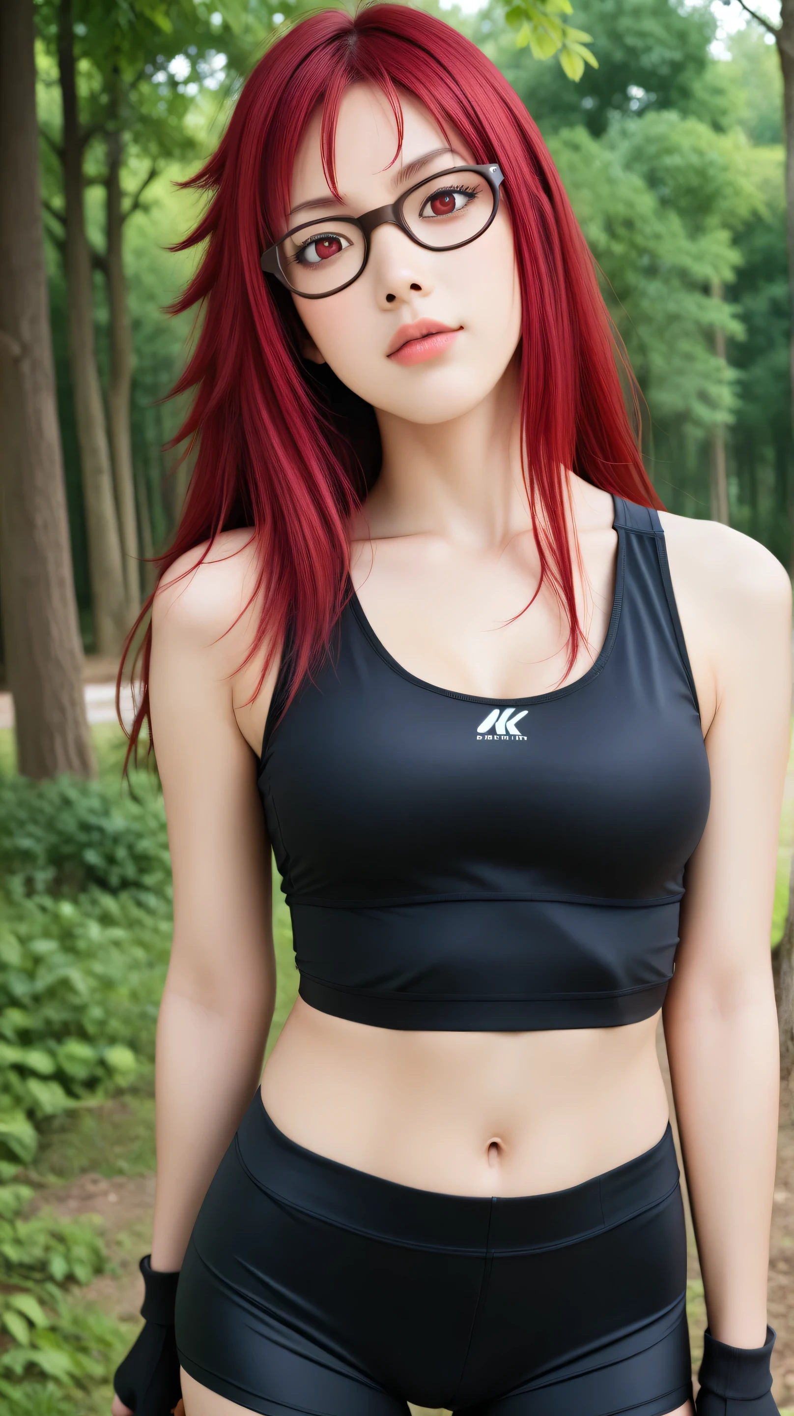 Masterpiece, best quality, 8k, ultra high resolution, photorealistic, cinematic composition,1girl, solo, Karin Uzumaki, glasses, red eyes, red hair,long hair,outdoors,potrait,forest,bike shorts,(black sports bra:1.5),close up,black glove, navel,potrait,standing still