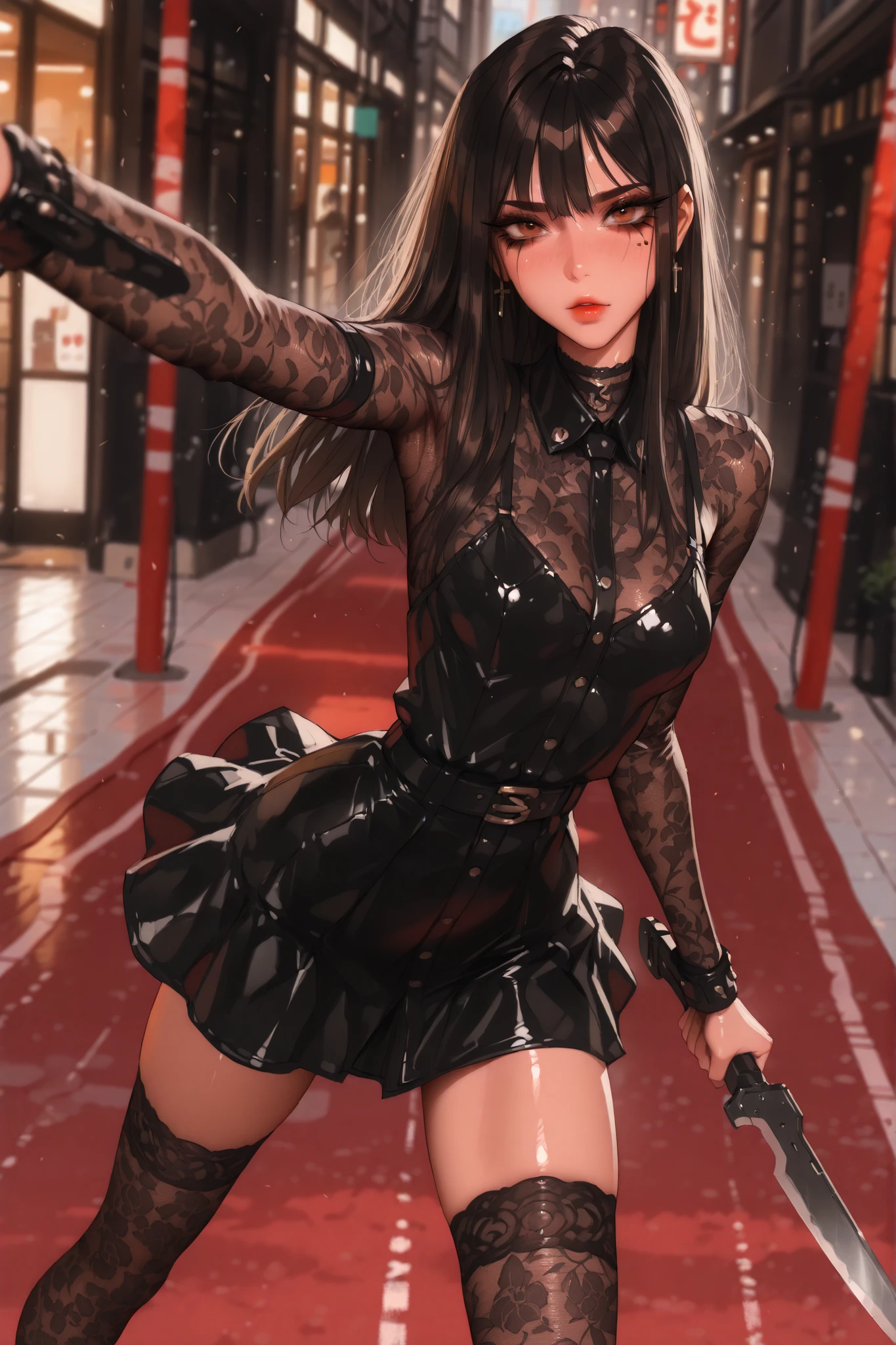 cutest girl, skinny, masterpiece, best quality, very aesthetic, movie quality, depth of field,soft saturation, focused subject, ,official style, shiny skin, brown eyes, long black hair, bangs, shirow masamune, sam yang style, oily skin, small fake breasts, , streamer, thot, (slender body,), pin-up eyeliner, (big eyelashes, wielding wicked knife, sheer black dress, dynamic action, heavy makeup, black tattoos, kohl rimmed eyes, leather sleeves, lace body sock