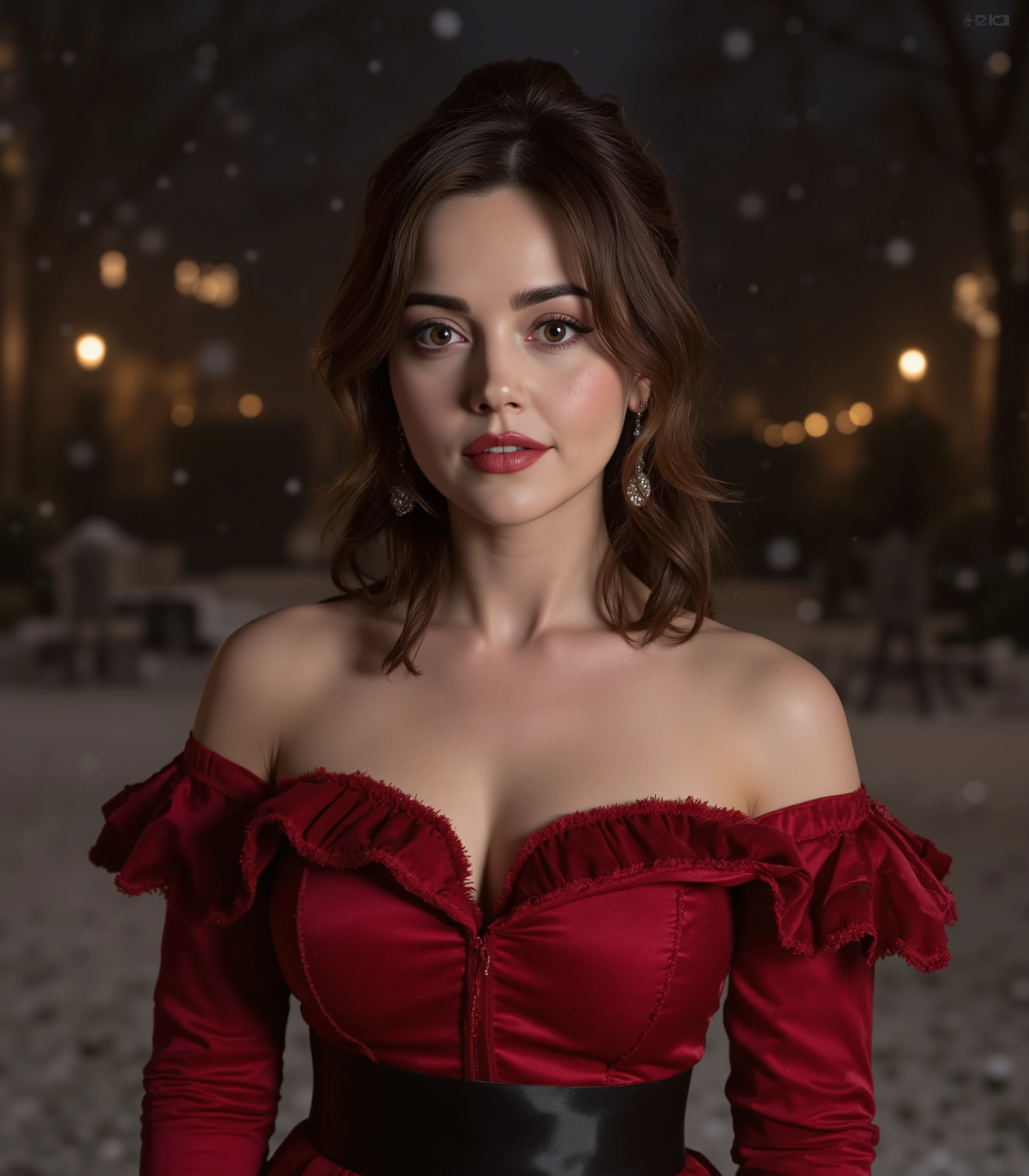 (masterpiece, best quality, 8k, UHD, photorealistic:1.3),
portrait of Clara Oswald (Jenna Coleman) as the Victorian Governess from Doctor Who "The Snowmen" Christmas special,
wearing a beautiful, elegant crimson red Victorian evening gown with off-the-shoulder neckline and a dark belt,
her hair styled in intricate vintage curls,
standing outside a Victorian mansion at night, gentle snowfall, frost on the ground, glowing gas lamps in the background,
mysterious and magical winter atmosphere, 1890s London setting,
detailed face, determined and hopeful expression, iconic red lipstick,
sharp focus, cinematic lighting, style of BBC period drama, film grain