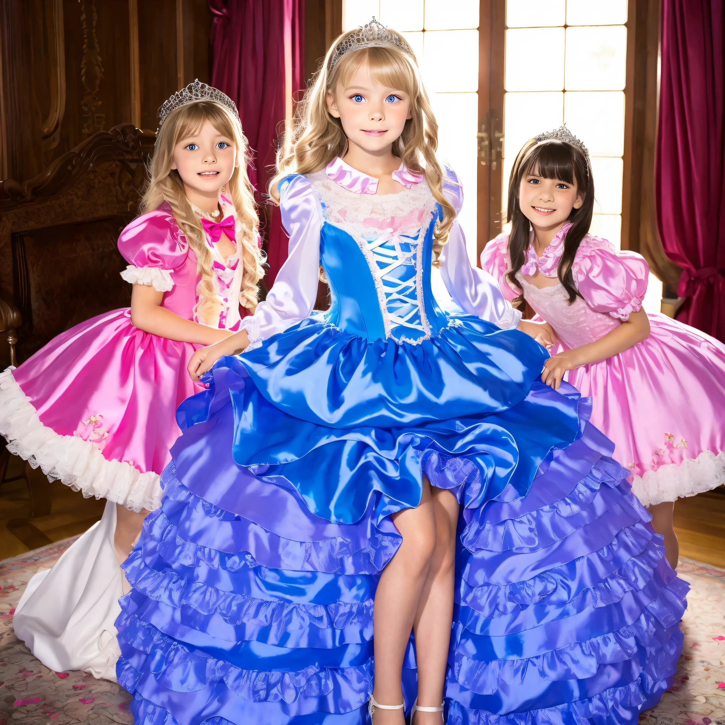 European Girls,10 years old, full body,3 princess girls,Blonde long hair,blue eyes,10 years old,((purple silk satin princess dress,pink silk satin princess dress,pink silk satin princess dress with large ruffle yoke collar,puff sleeve to put on your stomach,Long Sleeves,ruffle sleeve,lace-up corset,full length ball gown dress, hoop skirt :1.0)),