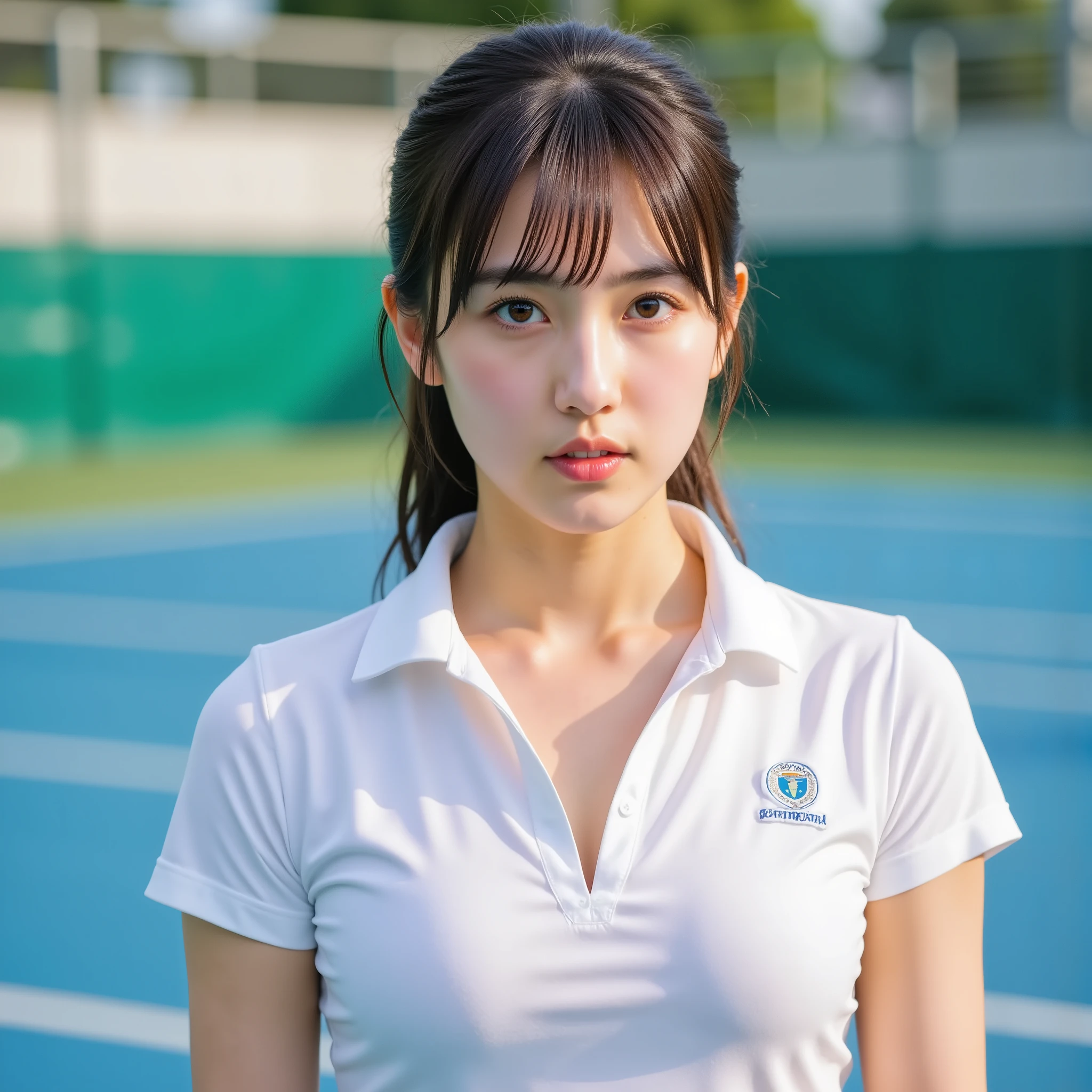 sweaty Japanese idol、Club activity tennis match during game、White and Blue Pleated Miniskirt、deep v-neck light blue tight polo shirt with wide  opening is a polo shirt that is quite wet from sweat：1.6、 Fabric transparent with sweat 、toned athletic body、nervous expression、leaning forward while holding a racket low：1.5、strong summer sunlight、audience seats visible in the distance、vivid details、 85mm Lens 、Natural luster、Sports magazine shooting style, realistic ultra clear focus raw photo,　sweat falling off、school club activity tennis court background、sweatFX, light_sweat, medium_sweat, heavy_sweat, sweat_beads, glisten_skin, damp_strands, sweat_patches,GJGJAA,