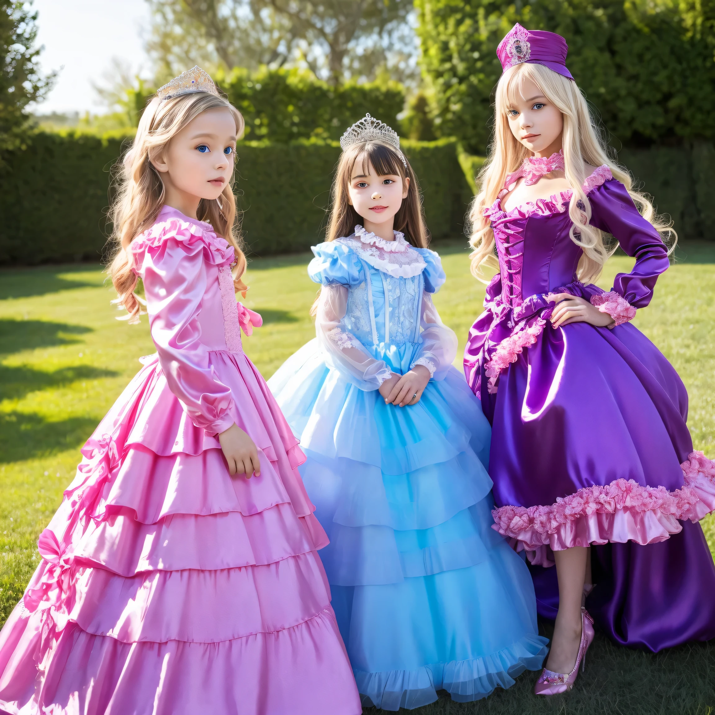 3 European Girls,10 years old,Blonde long hair, blue eyes,full body,The princess's girl,,((purple silk satin princess dress,pink silk satin princess dress,pink silk satin princess dress with large ruffle yoke collar,puff sleeve to put on your stomach,Long Sleeves,ruffle sleeve,lace-up corset,full length ball gown dress, hoop skirt :1.0)),