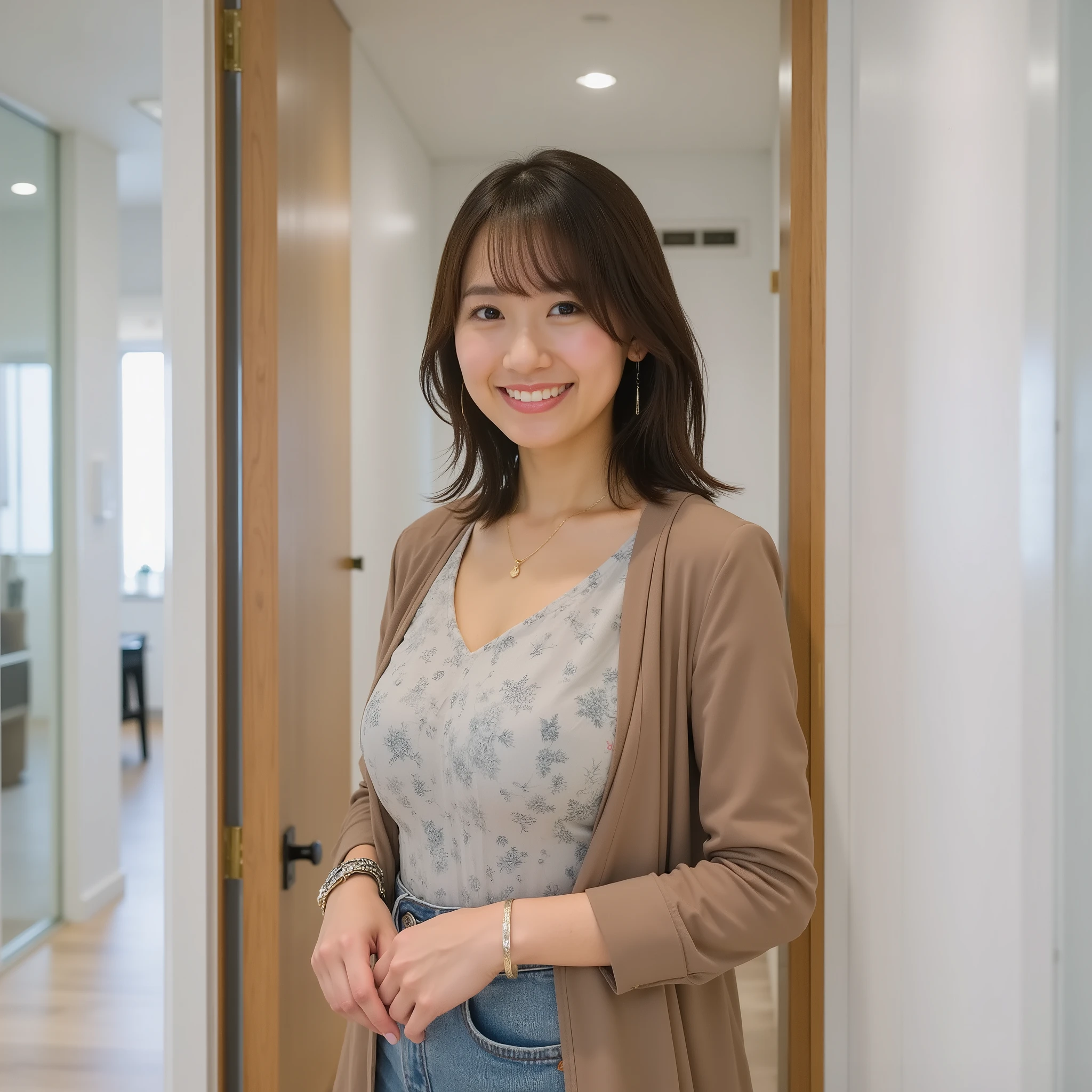 Photo Capturing the Moment of Knocking on the Door、Standing in the hallway of an apartment building、Japanese Top Gravure Idol Stars、サプライズプレゼントを持っている、natural smile、stylish apparel、Modern Building Interiors、soft lighting、professional portrait photo with a surprise present、perfect composition near the entrance、she has a happy expression、