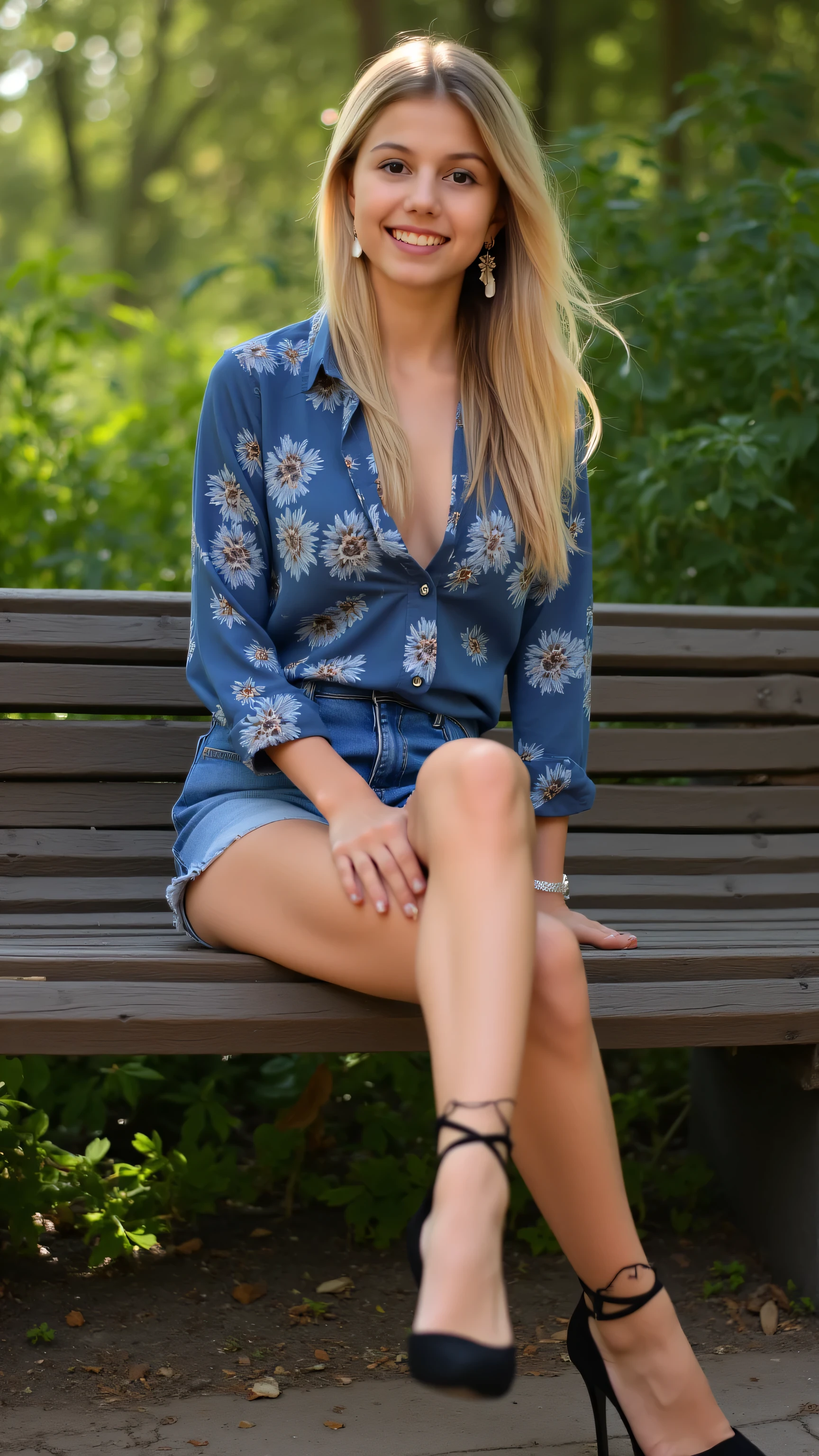 Beautiful blonde woman in blue floral blouse, denim shorts and black high heels with ankle straps, Sits smiling on a park bench