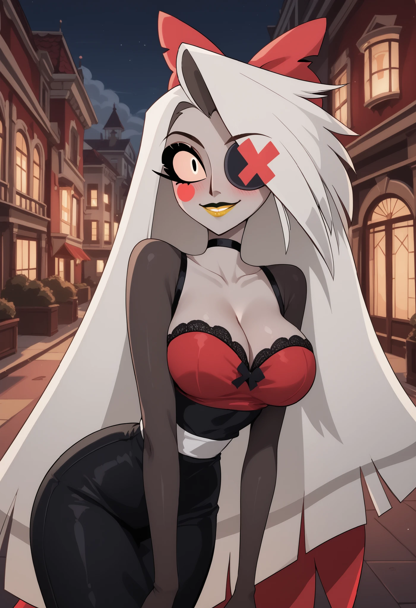 woman, anime style, yellow lipstick, large breasts, dark gray skin, white eyes, white hair, long hair, hotel, bangs covering one eye, red bow, happy, blushing, side view, focus on character, looking at viewer, wide hips, cleavage, Vaggie, hazbin Hotel, Red hotel, top view, incredible lighting, shading, wide hips
