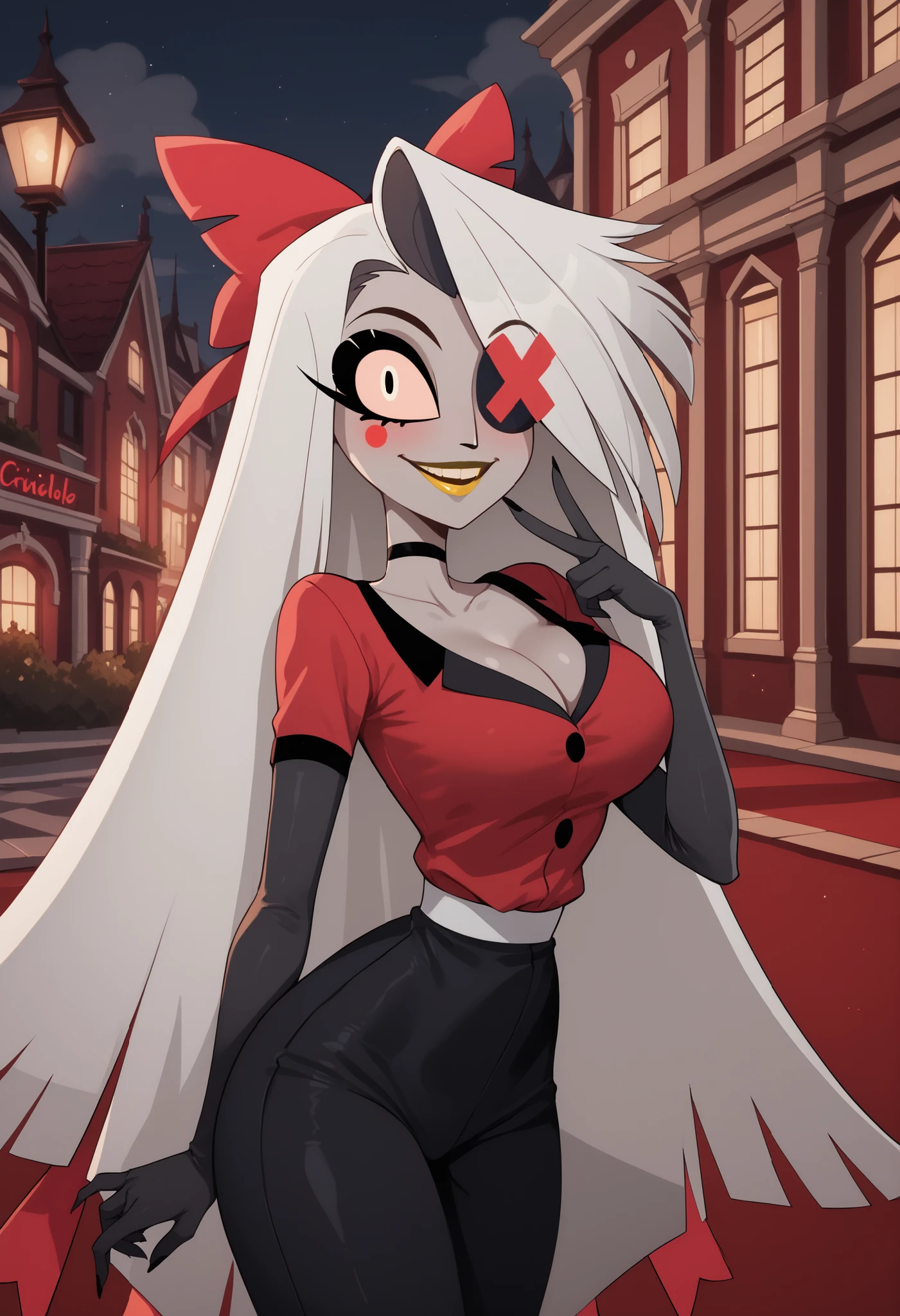 woman, anime style, yellow lipstick, large breasts, dark gray skin, white eyes, white hair, long hair, hotel, bangs covering one eye, red bow, happy, blushing, side view, focus on character, looking at viewer, wide hips, cleavage, Vaggie, hazbin Hotel, Red hotel, top view, incredible lighting, shading, wide hips
