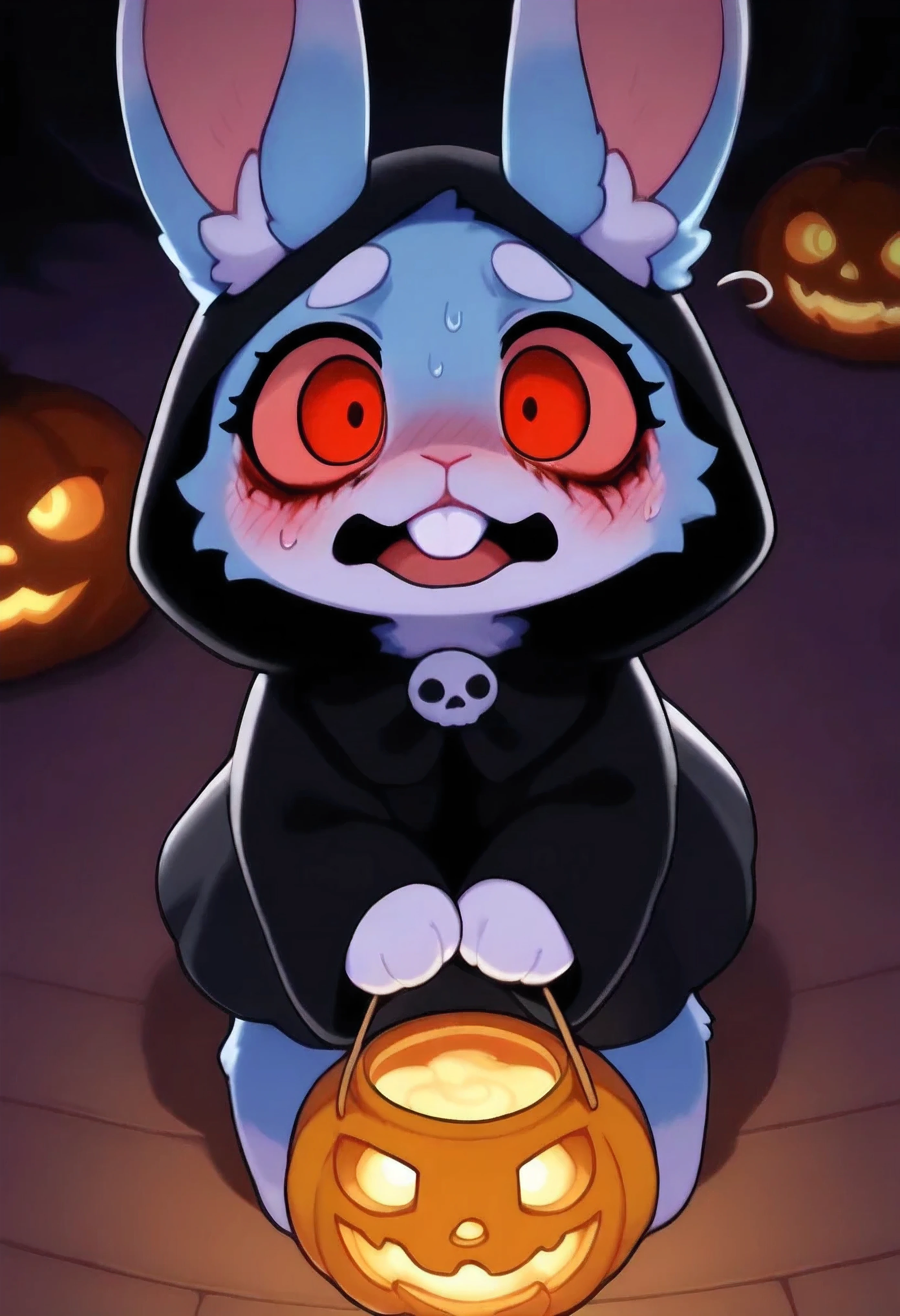 [Halloween-Theme] [🐰KuroRabbi] [Toony] [Model-Test], masterpiece, ultra-detailed, 4K render, Halloween night, warm cozy candlelight, glowing jack-o-lanterns, wooden floor, spooky but cute indoor setting, solo, girl, KuroRabbi, chibi style, anime illustration, soft glowing shadows, magical pumpkins, ghost plushie in the background, warm ambient lighting, (Horror settings:1.4), BREAK. [(character_1 rabbit, KuroRabbi, rabbit, anthro, DTkr, furs, buckteeth, slender, blue fur, paw, red eyes, bagged under_eyes, Halloween, black hood, wizard outfit, blushing, flustered, sneaky posture, wide glowing orange eyes, cute and nervous)].