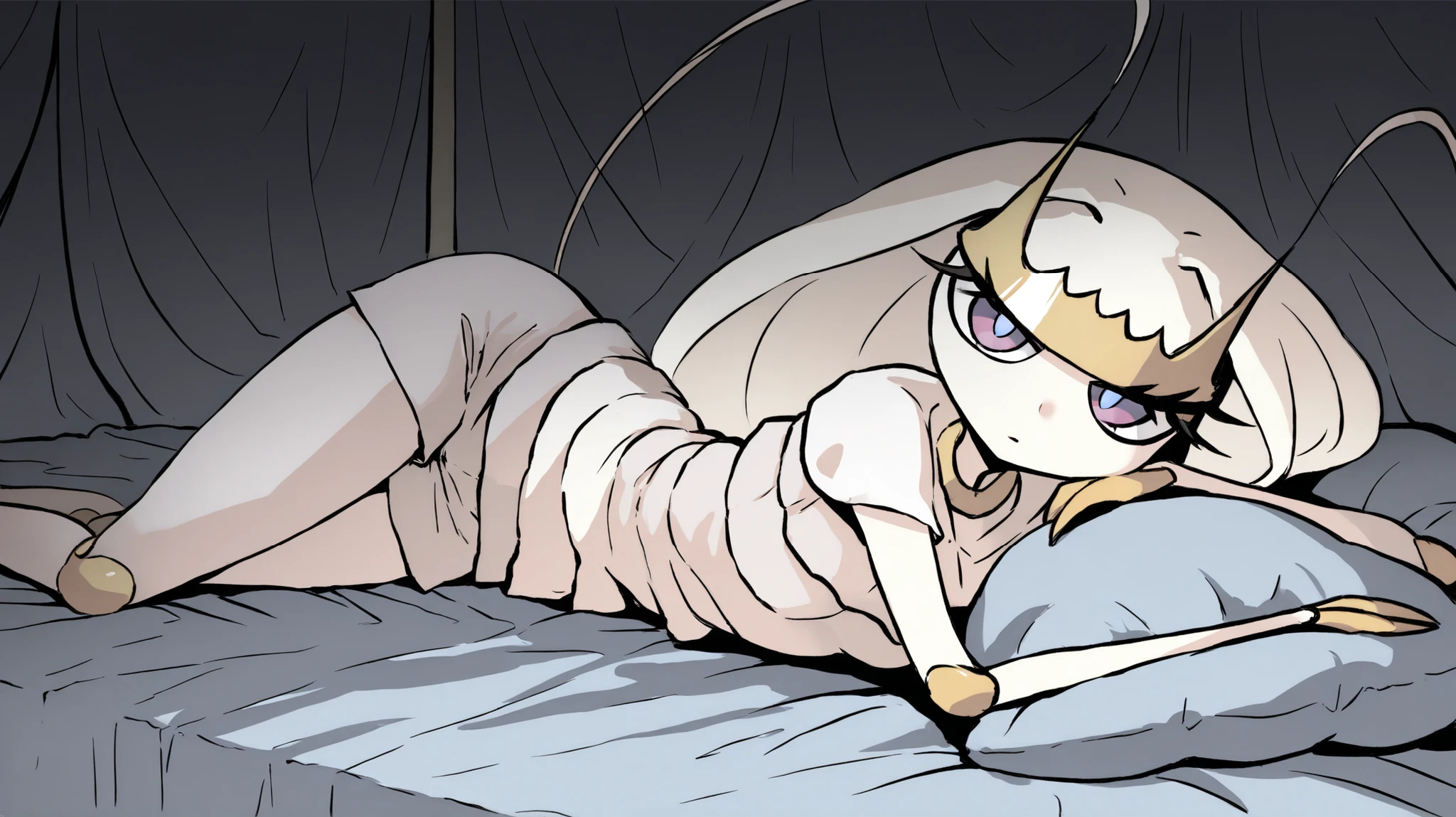 pheromosa,best quality,beautiful,pokemon,{Look at viewers},(Clear eyes), pose invited、((Lying in bed)) ,