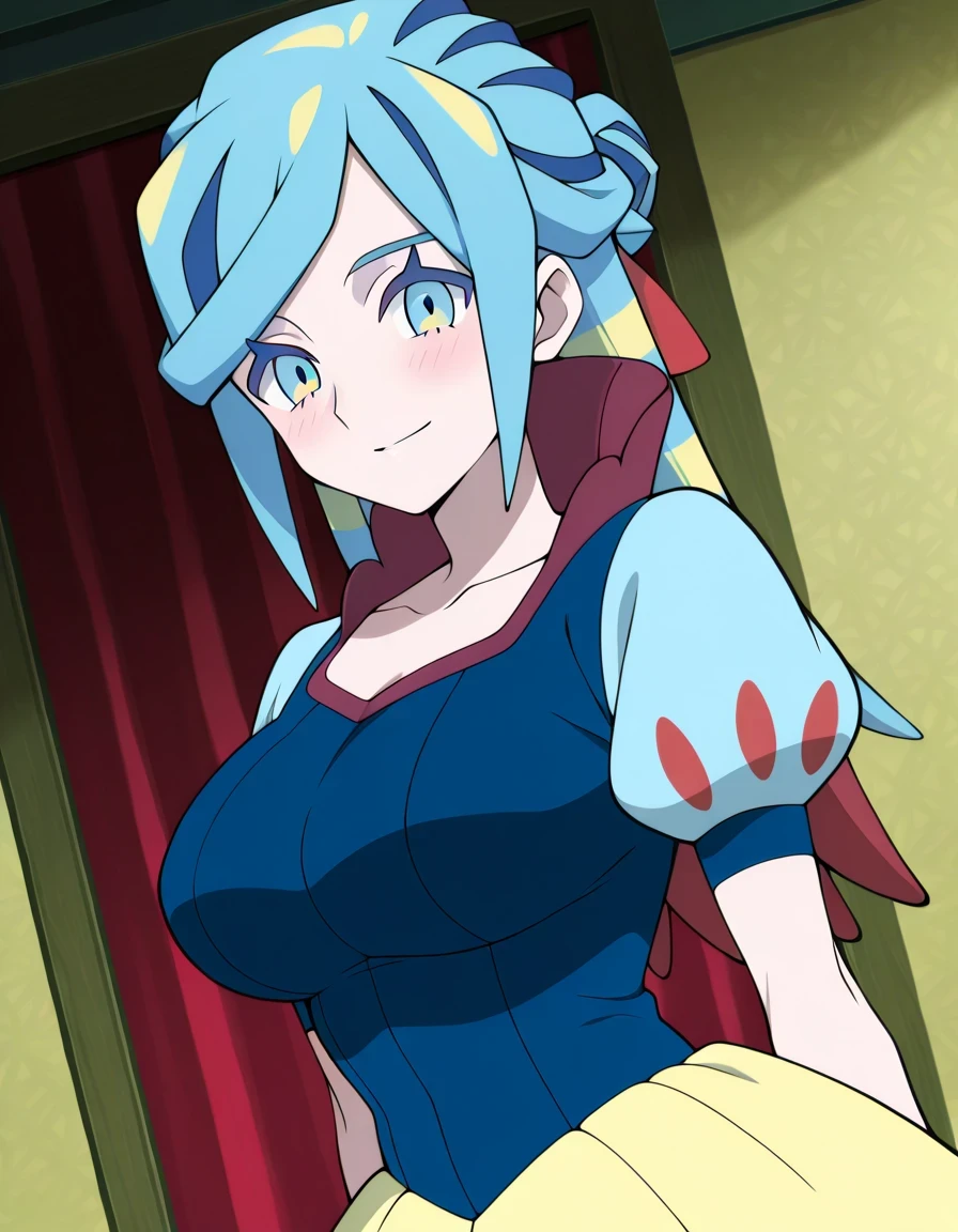 傑作、best quality、best resolution、best image quality、amazing quality、 very aesthetic、 absurdres、anime coloring、anime screencap、anime screenshot、<lora:pokemon_grusha_ponyXL:0.8>、1woman、pokemon grusha、solo、long hair、aqua eyes、blue hair、green hair、aqua hair、multicolored hair、hair bun、eyelashes、half up hair、covered breasts、big breasts、very large breasts、covered boobs、large boobs、collarbone、mature female、<lora:snow-white-cosplay-illustriousxl-lora-nochekaiser:1>、snow white cosplay、snow white (disney) (cosplay)、cosplay、dress、red hair bow、puffy and slash sleeves、puffy short sleeves、puffy sleeves、red bow、light blue short sleeves、yellow skirt、navy blue dress、stage、stage set、standing、indoors、smile、blush、looking at viewer、cowboy shot、dutch angle、