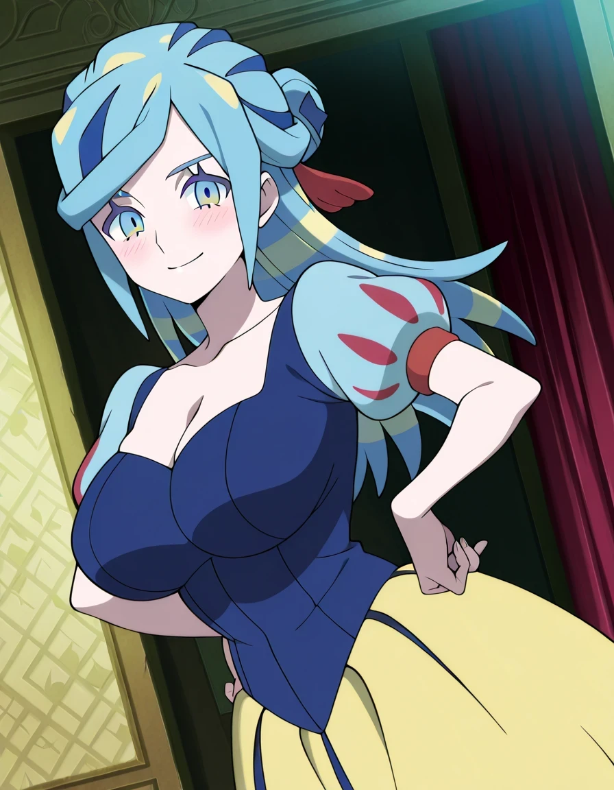 傑作、best quality、best resolution、best image quality、amazing quality、 very aesthetic、 absurdres、anime coloring、anime screencap、anime screenshot、<lora:pokemon_grusha_ponyXL:0.8>、1woman、pokemon grusha、solo、long hair、aqua eyes、blue hair、green hair、aqua hair、multicolored hair、hair bun、eyelashes、half up hair、covered breasts、big breasts、very large breasts、covered boobs、large boobs、mature female、<lora:snow-white-cosplay-illustriousxl-lora-nochekaiser:1>、snow white cosplay、snow white (disney) (cosplay)、cosplay、dress、red hair bow、puffy and slash sleeves、puffy short sleeves、puffy sleeves、red bow、light blue short sleeves、yellow skirt、navy blue dress、collarless、stage、stage set、standing、indoors、smile、blush、looking at viewer、cowboy shot、dutch angle、
