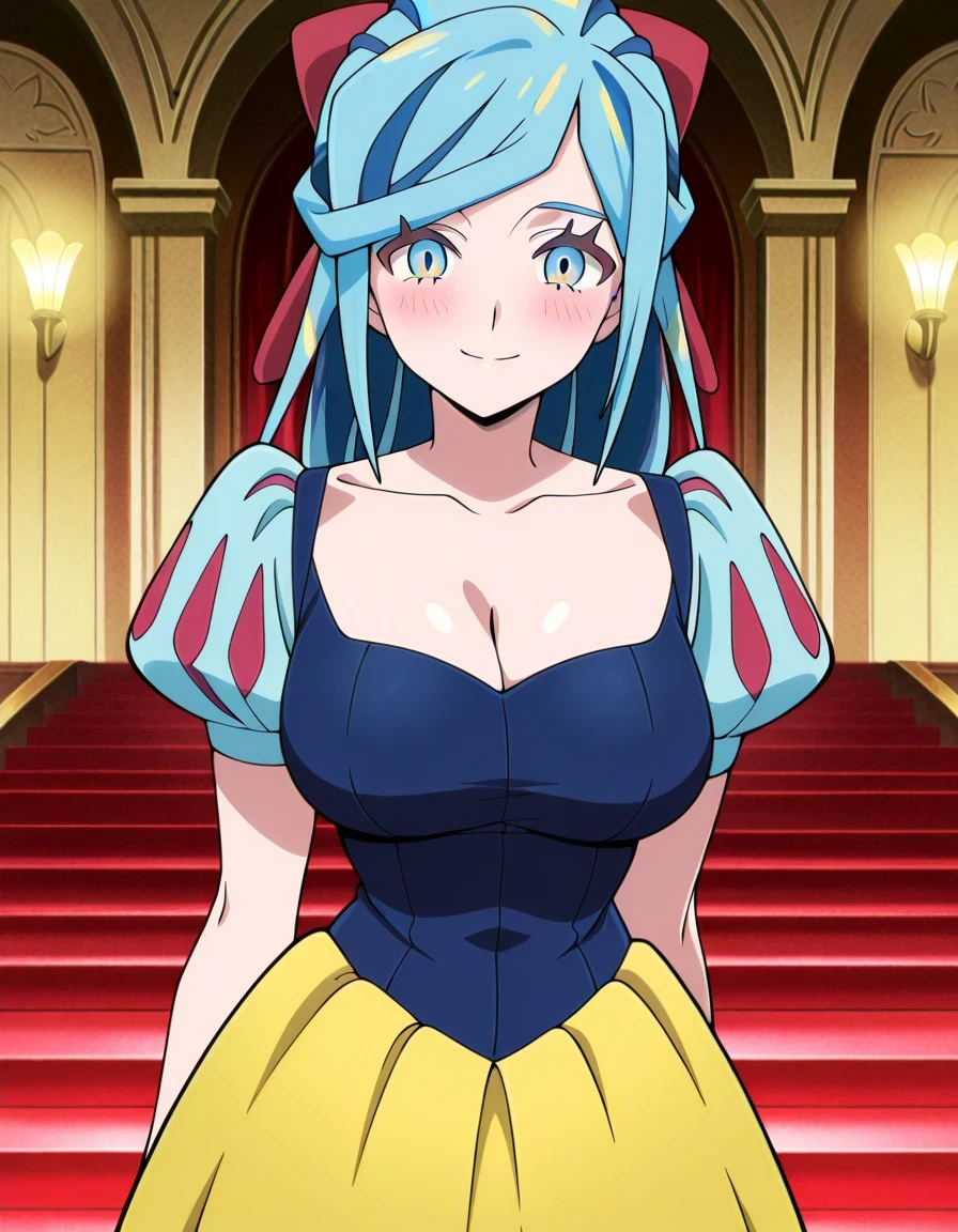 傑作、best quality、best resolution、best image quality、amazing quality、 very aesthetic、 absurdres、anime coloring、anime screencap、anime screenshot、<lora:PokeBoyGrushaXL_Exotica:0.8>、1woman、grusha、solo、long hair、aqua eyes、blue hair、green hair、aqua hair、multicolored hair、hair bun、eyelashes、half up hair、covered breasts、big breasts、very large breasts、covered boobs、large boobs、collarbone、mature female、<lora:snow-white-cosplay-illustriousxl-lora-nochekaiser:1>、snow white cosplay、snow white (disney) (cosplay)、cosplay、dress、red hair bow、puffy and slash sleeves、puffy short sleeves、puffy sleeves、red bow、light blue short sleeves、yellow skirt、navy blue dress、stage、stage set、standing、indoors、smile、blush、looking at viewer、cowboy shot、dutch angle、