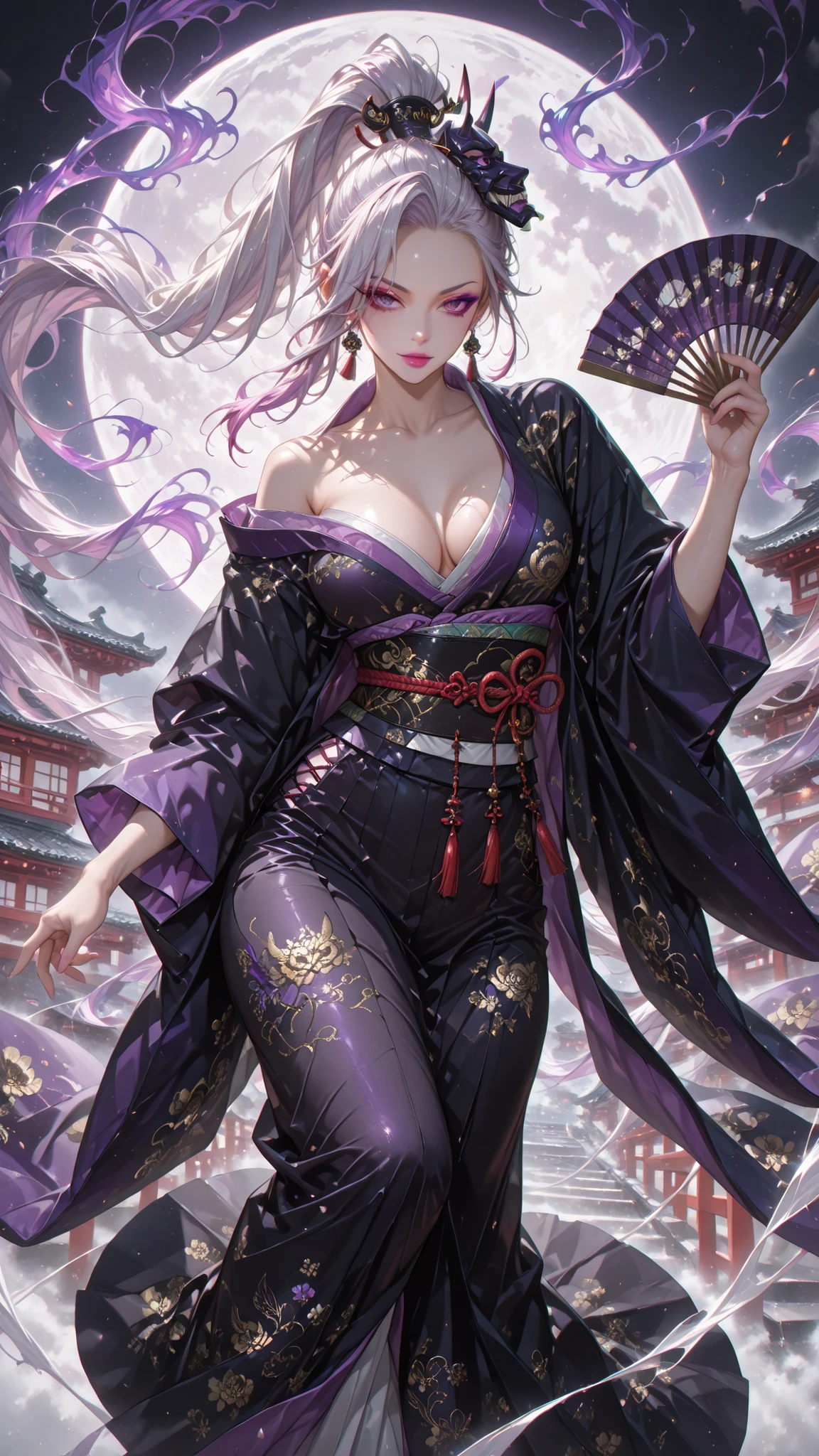(The Heian period), (百鬼夜行), the legendary of Japanese demon slayer, (solo, mature female), front view, photograph of best moment, dynamic pose, (evil spirits, action shots), mysterious things, old Japanese mysterious story, (beautiful face, sharp eyes, purple eyeshadow,pink lips, makeup), BREAK (platinum hair, very sleek ponytail, asymmetrical bangs:1.2), oni mask on her head, beautiful design oni mask, (ultra detailed, Battle kimono clothing, seductive, silk, elaborate embroidery, flowing patterns ), intricate design hand fan, (Intricate detail, detailed intricate background, midnight, Japanese old town street, full moon), the outstanding artwork:1.2, best quality, (beyond the best), unseen masterpiece, incredibly absurdres, extremely detailed, intricate accurate description, hyper realistic, RAW photography, UHD,HD, intricate detailed, 4k, 8k, perfect fantasy artwork, perfect anatomy ), (full body, whole body shot)