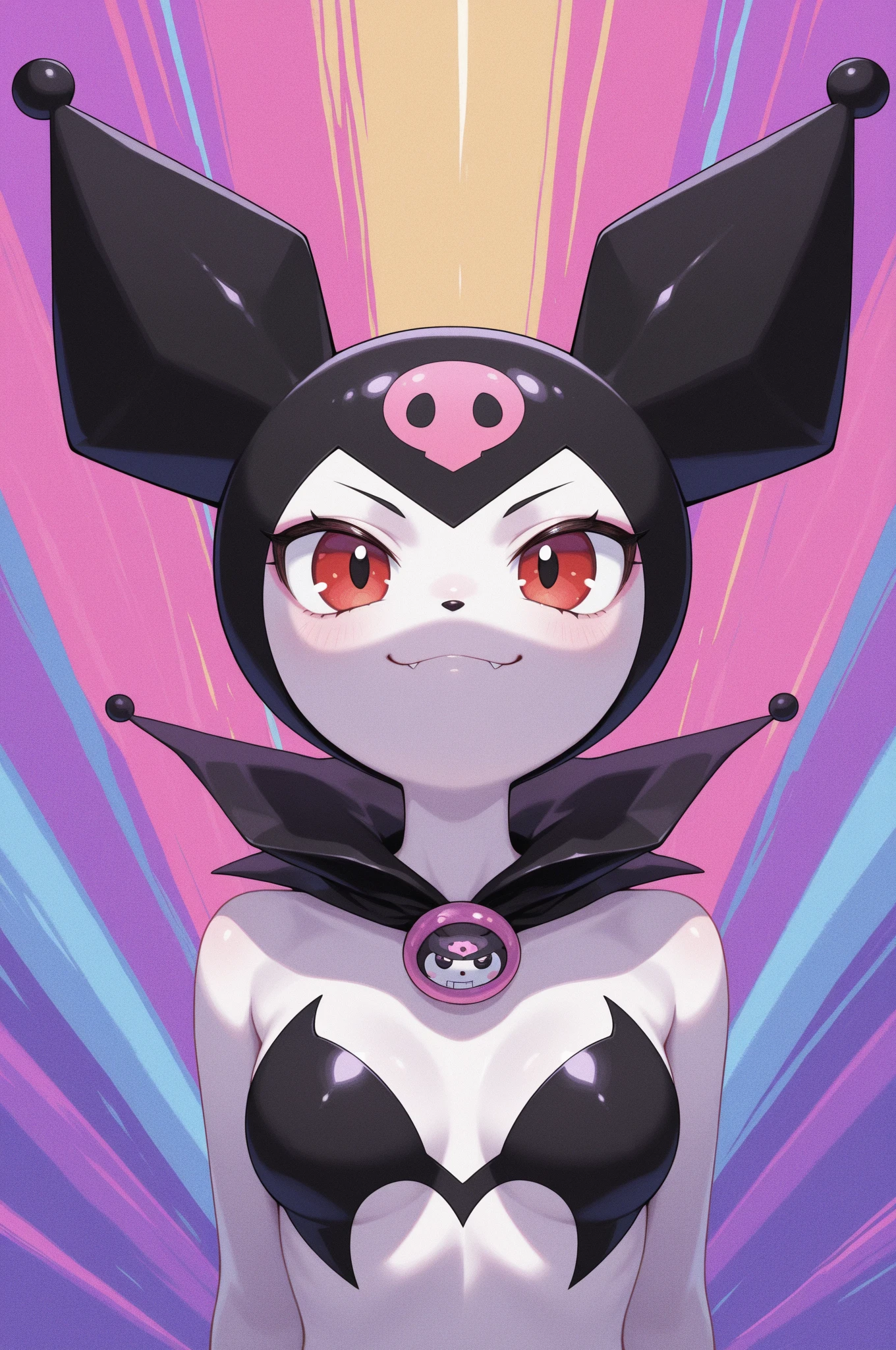 score_9, score_8_up, score_7_up, 1girl, solo, Expressiveh, (KuromiCD, white skin, black hat, pink skull, black collar, black eyes, demon tail, looking at viewer, open mouth, tongue out), cowboy shot, kneeling, 4k, masterpiece, best quality, highly detailed