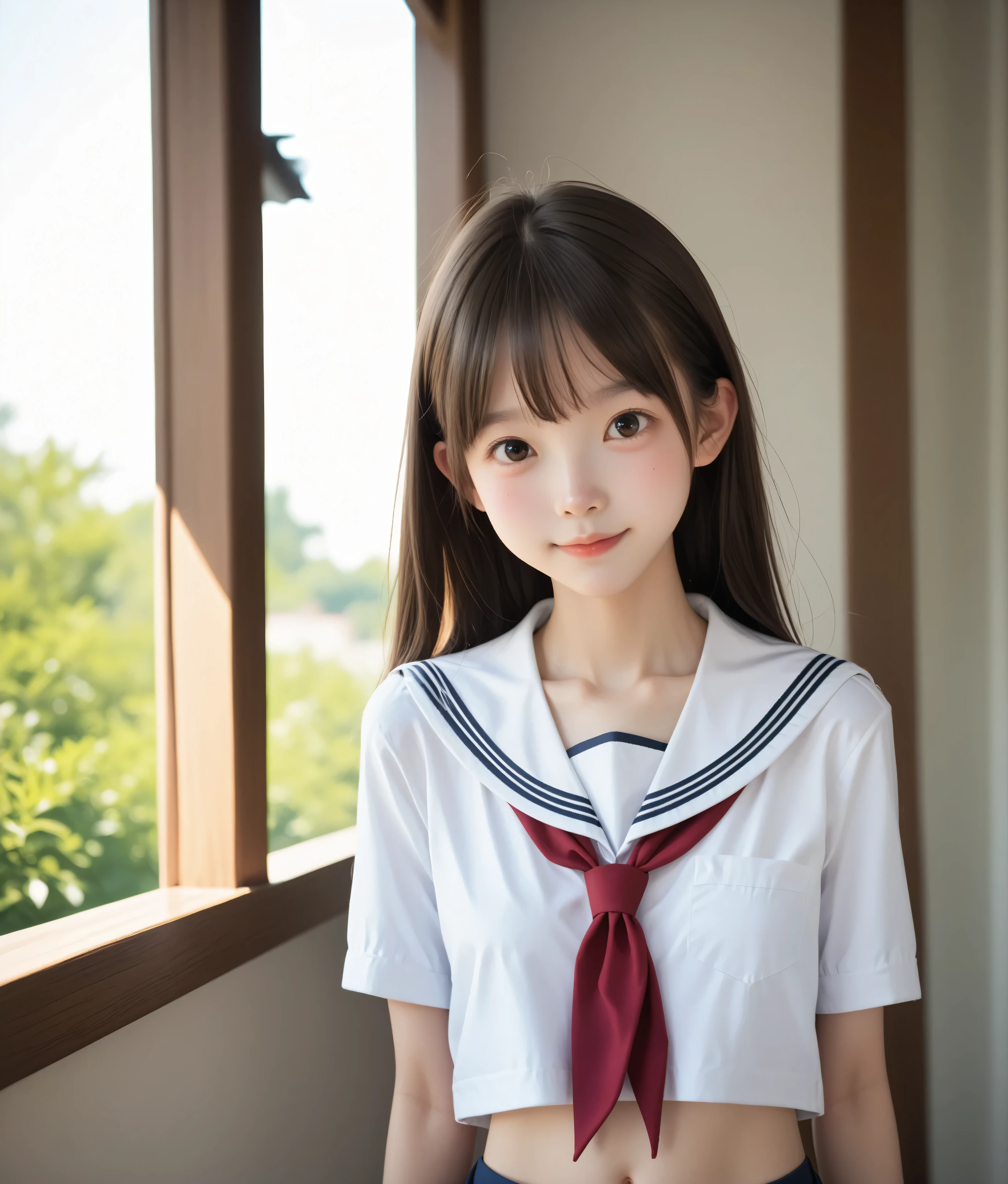 ( white skin:1.3),cute girl,かわいいyounger女の子,slender,short,slender,thin body,(younger:1.2),かわいいyounger女の子 opening without permission,cute face,(skinny:1.5),score_7_up,score_8_up,score_9,realistic,is a girl who goes to school,school uniform with crepes in hand, small buttocks when viewed from below,( body:1.2),sunlight,japanese,short髪, thin shoulders,thin arm,Narrow Shoulder