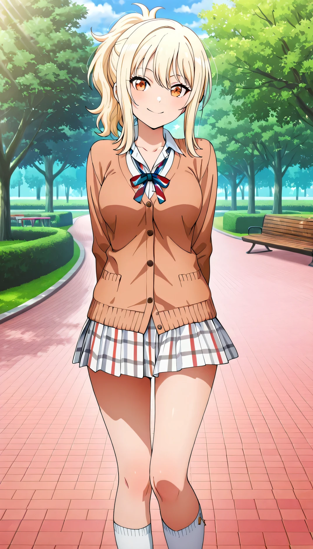 anime style, masterpiece, best quality, ultra detailed, highres, 8k, smile, 1 girl,
miyashita ai, blonde hair, ponytail, sidelocks, medium hair, orange eyes, medium breasts, anime screencap
skirt, long sleeves, ribbon, plaid, plaid skirt, cardigan, brown cardigan, white skirt , standing, white socks , v over the eye, park,