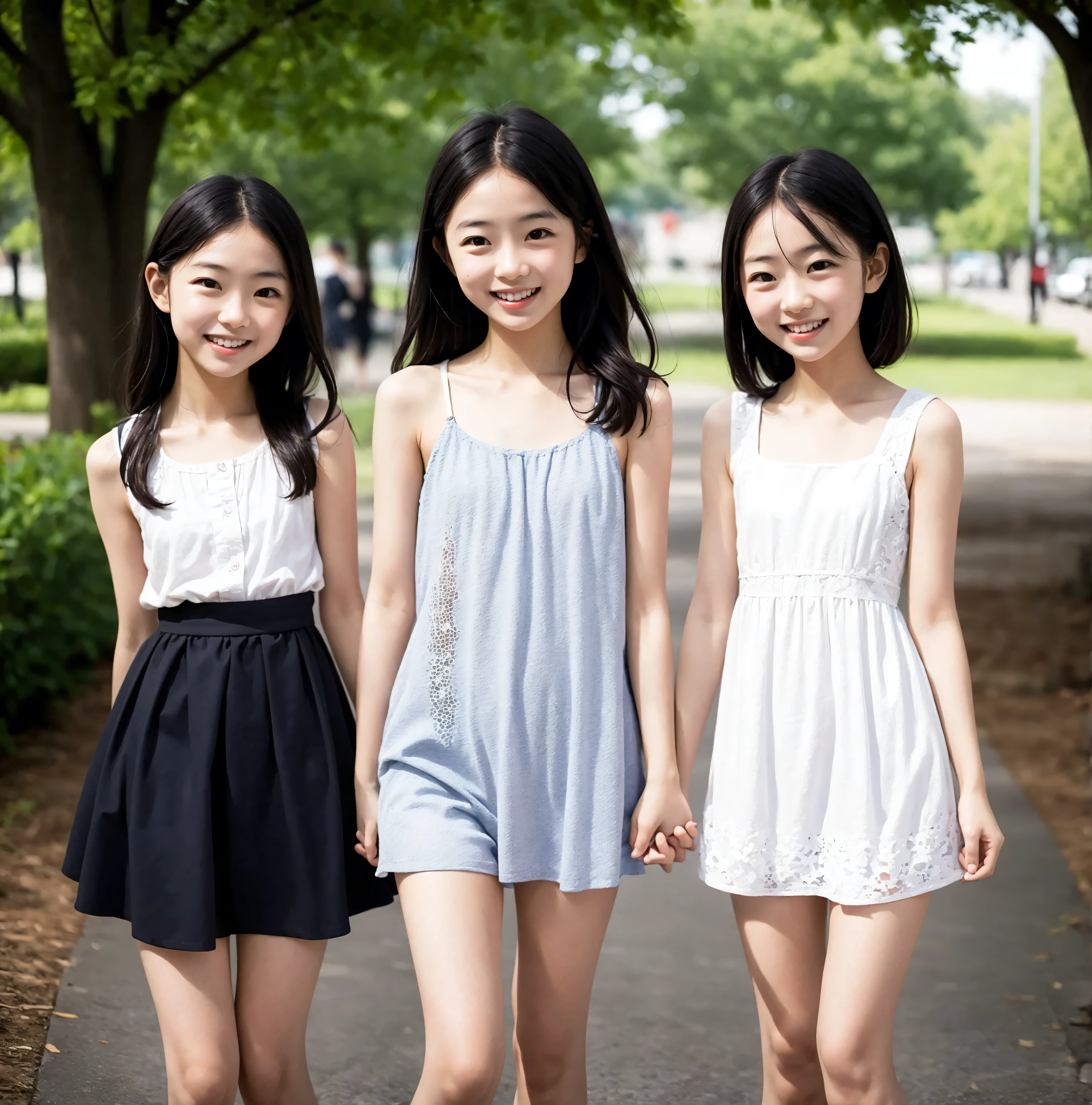 2 cute girls,((Highest Quality)),was photographed in the park,((Photo Quality)),(Slim:1.5),(detail),Tiny Chest,Narrow Shoulder,perfect face,Tank Dress ,ruffle dress,(skinny:1.3),(smile:0.5)