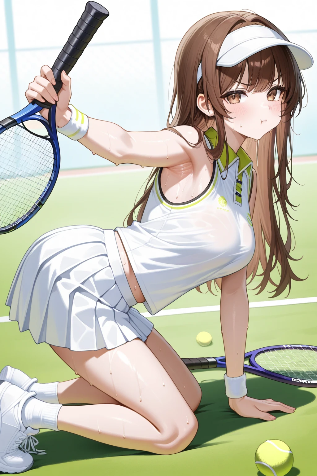 ((perfect , anatomically correct, super detailed skin)), 1 girl, solo, japanese, 16 years old, tennis player, shiny skin, watching the view, 
beautiful hair, beautiful face, beautiful detailed eyes, brown eyes, (long hair:1.7, side ponytail:1.5, light brown hair), babyface, mole under eye, 
beautiful clavicle, beautiful body, beautiful , beautiful thighs, beautiful legs, :0.5, seductive thighs, 
,  arms,  hands, , closeup clavicle, break, 
((symmetrical clothinetallic)), ((pink tennis uniform, short sleeve, shirt, skirt, socks, tennis shoes)), break, 
(beautiful scenery), evening, ((tennis court)), (stadio:1.5), 
lovely smile, standing, leaning forward, flipping skirt, put finger to lips, break, 
(8k, top-quality, masterpiece​:1.2, extremely detailed), (photorealistic:1.2), beautiful illustration, depth of fields, natural lighting,