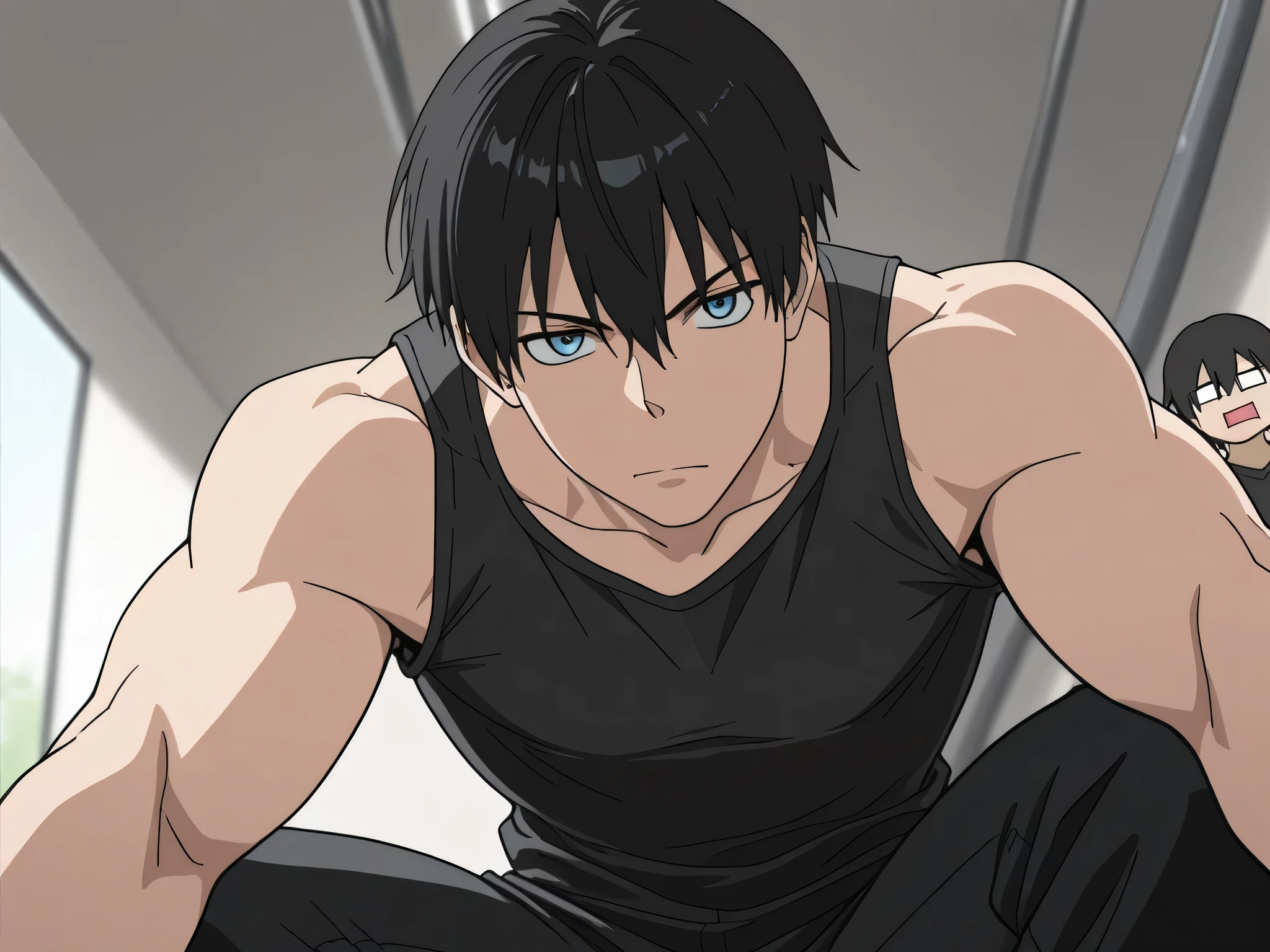 masterpiece, 4k, highest quality, simple, 1boy, light blue eyes, rectangular face, chiseled, wide shoulders, cool, handsome, black hair, cut short with uneven, short hair, slightly spiky layers, hair fully covers eyes, wearing a black and white sports jacket with a black t-shirt with a muscular body, black pants, giving it a worn yet fearsome appearance, looking at viewer, taking a picture with friends, a calm gaze, looking at viewer, solo focus, solo male,
