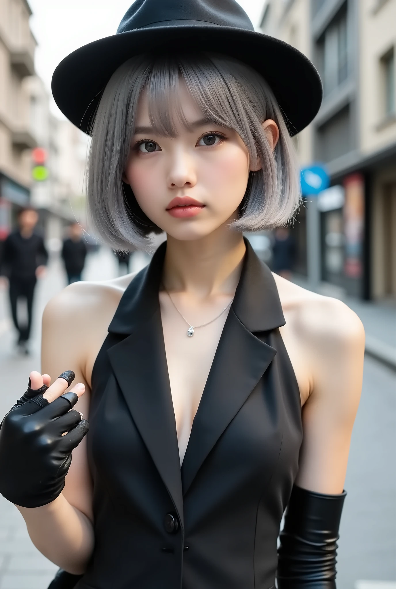 Whole body expression、Japanese、21 years old、woman、Beautiful Girl、Gray hair bob cut、 wearing gloves made of iron 、It covers up to the upper arm 、 the tip of the finger is pointed 、Black hatを被っている、 wearing a sleeveless tuxedo 、The background is the city、
