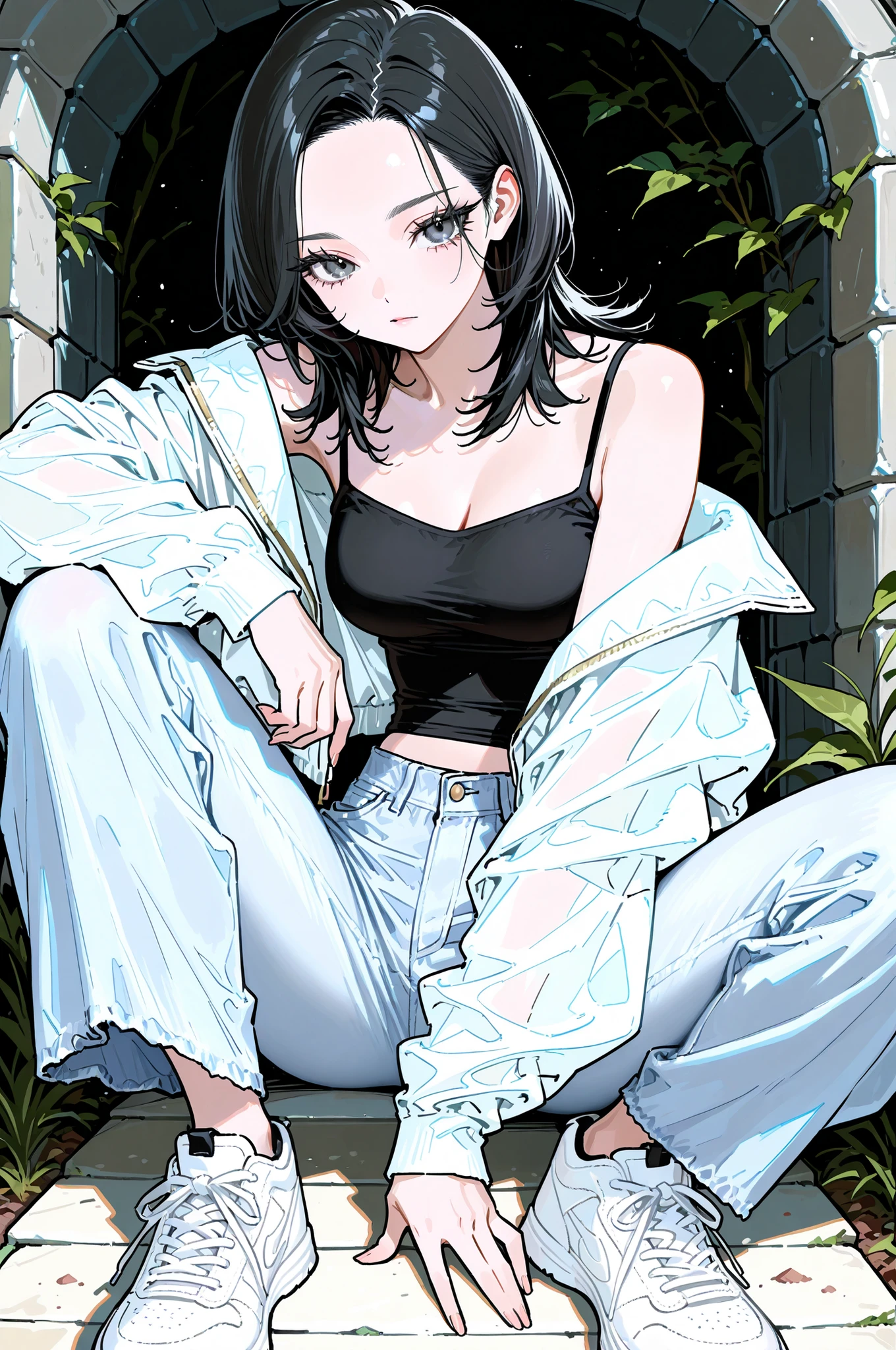 1girl, medium hair, layered style hair, wolfcut, ((black hair:1.5)), forehead, black gray eyes, long eyelashes, well-groomed eyelashes, medium breasts, wearing white crop jacket, ((black inner camisole)), light denim wide pants, white sneakers, girly aesthetic