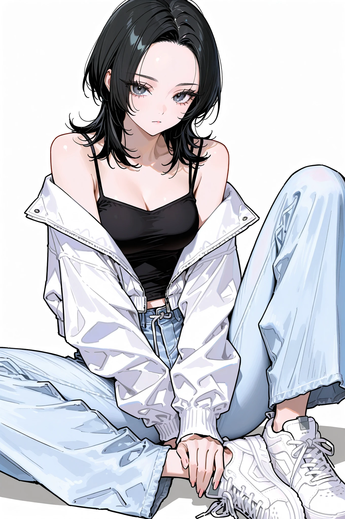 1girl, medium hair, layered style hair, wolfcut, ((black hair:1.5)), forehead, black gray eyes, long eyelashes, well-groomed eyelashes, medium breasts, wearing white crop jacket, ((black inner camisole)), light denim wide pants, white sneakers, girly aesthetic