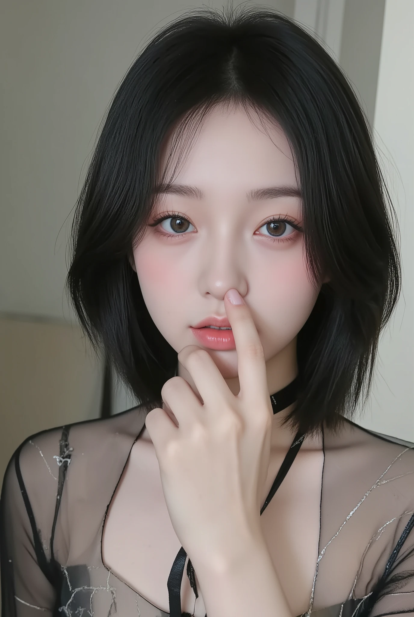 pain realism tamptation full body action figure fingertips touch own lips with self hand while showing to wet lips and approaching aggressivery for kiss neat pure beauty girl is beautiful japanese female and beautiful russian female mixed race only in the face age is 15 features of the whole body medium straight bob cut hair style beautiful small face with eye corner only make up red short eyelashes boyish eyes only high nose dark blue pupils very thin upper lip milky white skin accurate attractive body shape beautiful nomal size bust waist hips thighs knees legs choker and tie on neck outfit melty full metal broken costume shy enamored face kindly and slight this girl is in outside narrow place and asid rain