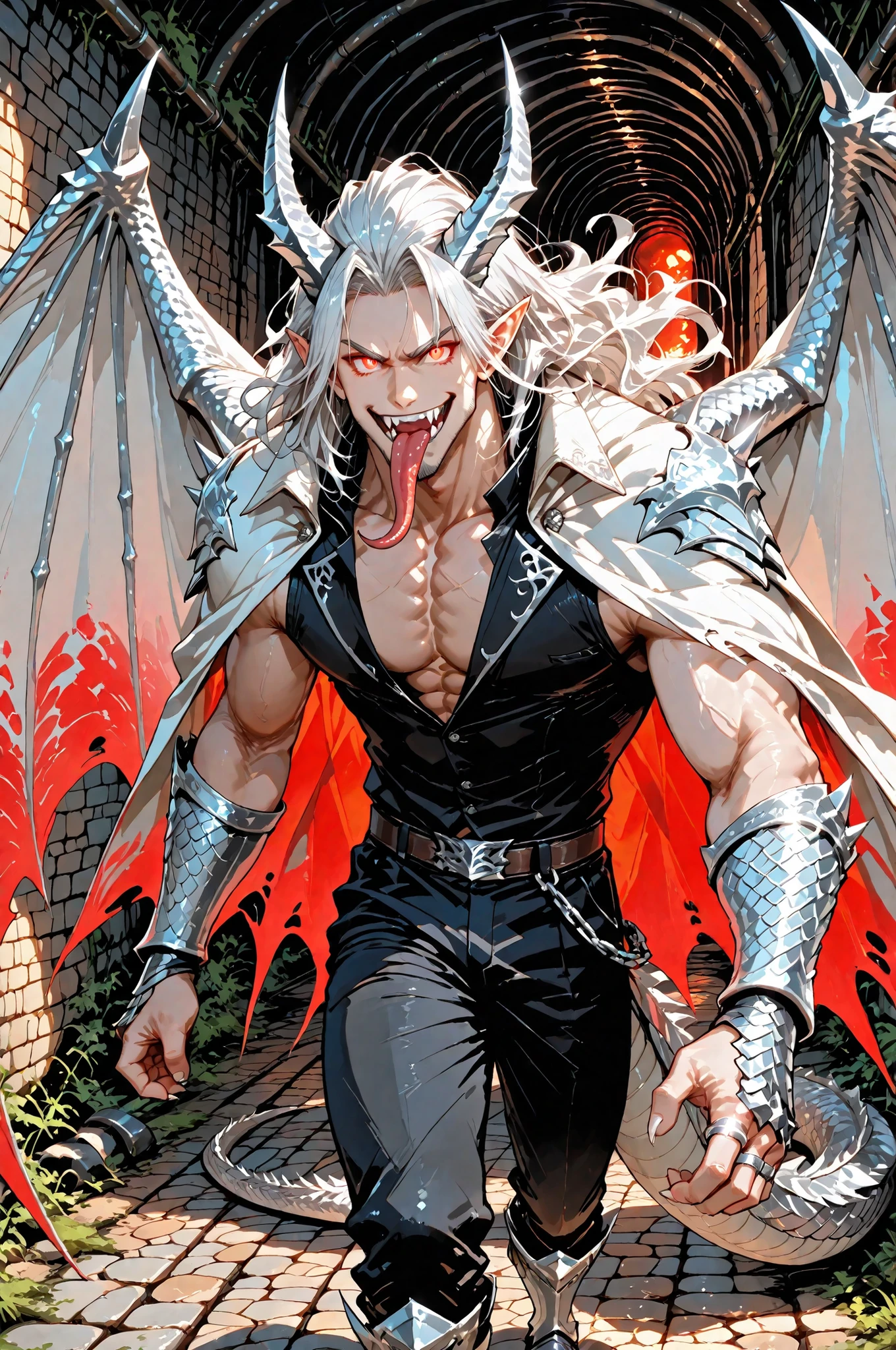 (Portrait, close-up focus on the face.) Middle-aged mature dragon hybrid. He has snow-white silver metallic skinc covered dragon scales. He has muscular, masculine build,toned waist, wide shoulders, big pectorals and relief abs. He has pointed ears, silver-white metallic jagged horns , silver-white metallic scaly dragon tail with spikes, and silver-white spiky armored dragon wings. He has toothy smile (Sabretooth fangs) and snake tongue. He has red glowing eyes. He has longest white wavy loose hair. He's not shaved, he has a goatee and a Fu Manchu mustache. He is wearing a loose-fitting unbuttoned blouse, and poet's sleeves. He wearing silver vest with dragon scale print, black trousers with lacing on the sides,a black hip-high boots, and a white feathered cape. He has clawed paws with silver rings. (In the background:gloomy medieval overgrown dungeon catacombs,tunnels lined with cobblestones.)