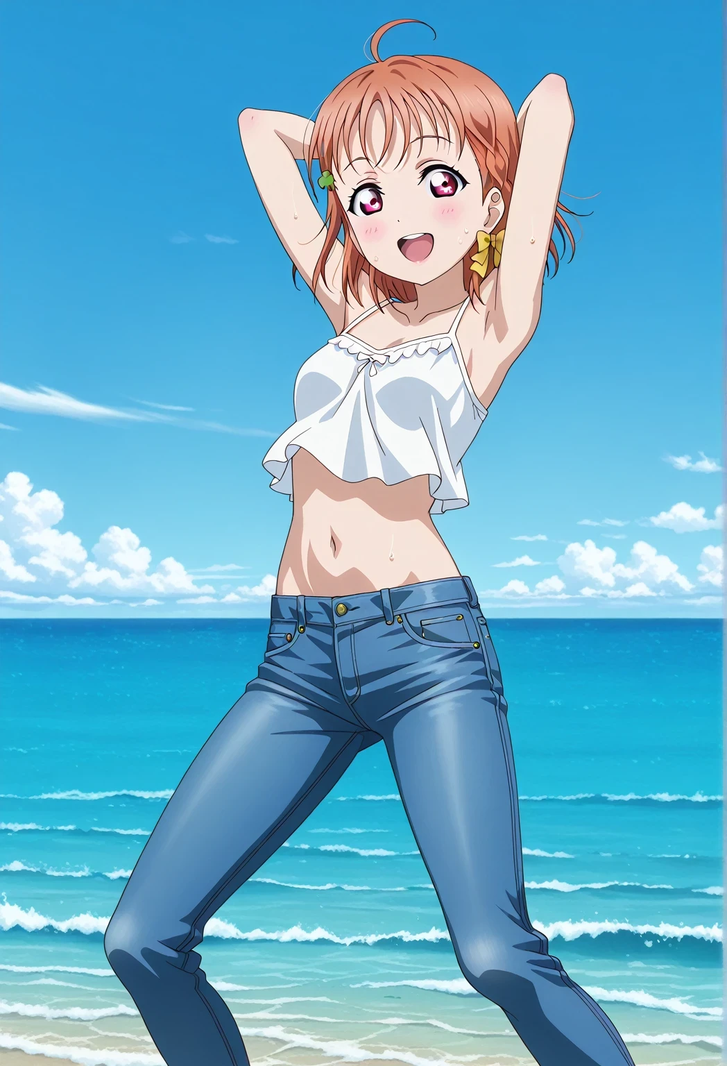 score_9, score_8_up, score_7_up, source_anime, highres, hi res, ((best quality, top quality, perfect quality, Highest Quality, amazing quality)), {{masterpiece}}, {{an extremely delicate and beautiful}}, 2d, intricate details, official style, anime, 8k, anime style, official_anime, official art, digital painting, cell shading, soft shading, high resolution, soothing tones, Subdued Color, Soft cinematic light, adobe lightroom, photolab, HDR, intricately and hyper-detailed, ((high quality animation)), 1 girl, Alone, solo, ((ocean)), tsunami, on the water, day, sunny, outdoors, sky, windy, chika takami, Love Live! Sunshine!!, short hair, hair ornament, red eyes, bow, braid, ahoge, hair bow, orange hair, side braid, yellow bow, clover hair ornament, anime coloring, anime screencap, small breasts, white camisole top, crop top, white crop top, best quality, hyper-detailed jeans, ((blue jeans:1.9)), (dark blue jeans:0.6), full medium body, full shot, Open mouth, smiling, happy face, blush, sweat, standing, ((arms behind head:6.0)), ((perfect arm line:2.5)), bowlegged, jumping pose, action, looking at viewer, spread legs, Bend knees slightly, straight-on front view