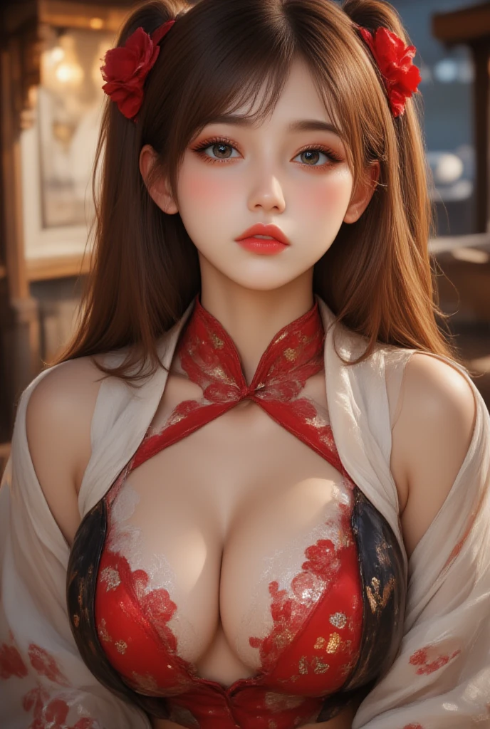 128,000 Female Models , ????????????, eye, ((Long Hairstyles)), High resolution , Upper Body, No background, Studio Lighting , ((Royal gold shiny random dress,Hierarchical Layers,Underbust)Headdress made from hair, A bow tie, Multicolor pleats (This beautiful woman in bright red、, Patterned Dress) In bright colors