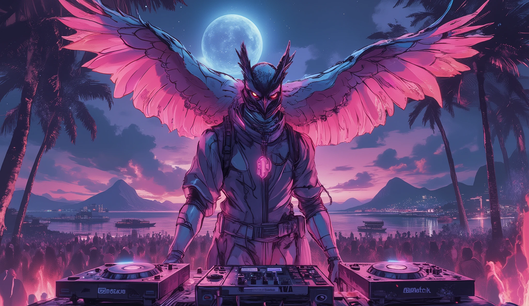 tropical resort party night、Wear HIPHOP clothes、Falcon standing in the DJ booth with headphones on、dynamic composition in solution、high definition、beautiful in every detail、anime style、Super high quality、Highest Quality、8k resolution