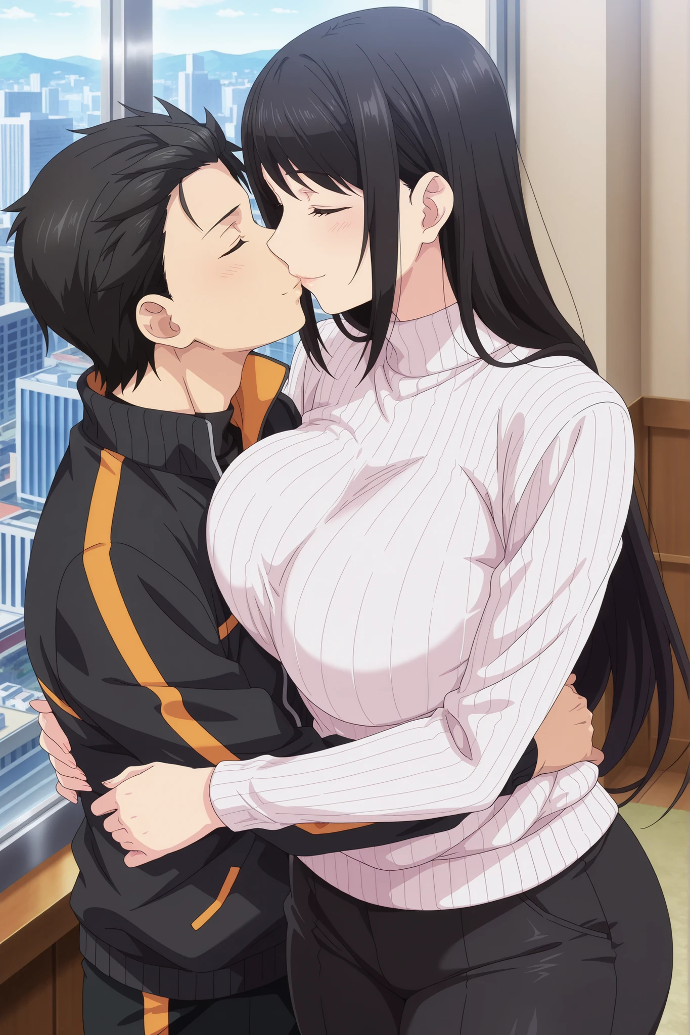 newest , masterpiece , anime screencap , anime coloring , hanyuyuzuki, 1girl, mature female, solo, close eyes, black hair, long hair, black swept bangs, glamorous bodies, attractive bodies, motherly, milf large Curvy, Slutty, Neat, big breasts, thick thighs, Toned thighs, ((black turtleneck sweater, black pants,)) smile, Lip, Subaru and hanyuyuzuki lovey dovey couple very affective in a city, pullover, love , happy, ,1girl,, ,sitting, standing, kissing, 1boy, couple, husband and wife, happy, romantic kiss, passionated kiss, hug, 1boy, adult male, natsuki_subaru_locon, black hair, close eyes, grey black hair, jacket, natsuki subaru, track jacket, realistic, photorealistic, detailed shadows, realistic shadows,