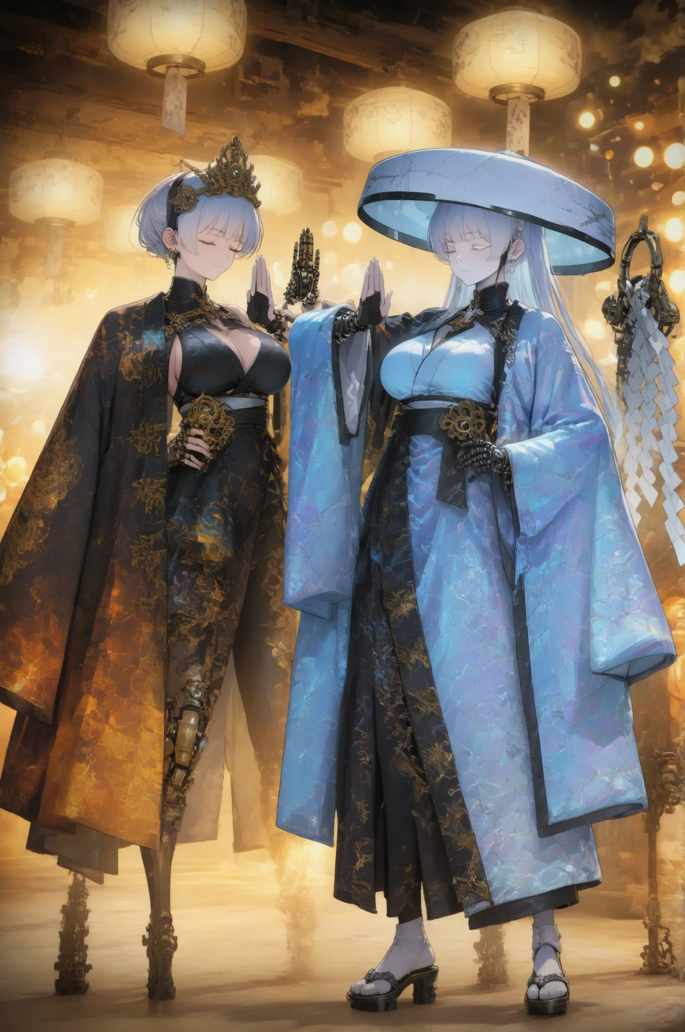 Photos of Japanese female robots in their 20s，Made of white and silver clear glass and plastic, geisha makeup, Black hairstyle, Silver and gold metallic interior, dynamicposes, flowing organic structure, Meticulous carving, Lace design, Glowing gold circuit, Colorful neon lights decoration, Meticulous carving, Lace design, glowing circuitry, neon trim, H'artistically.r. Giger, Greg Rutowski