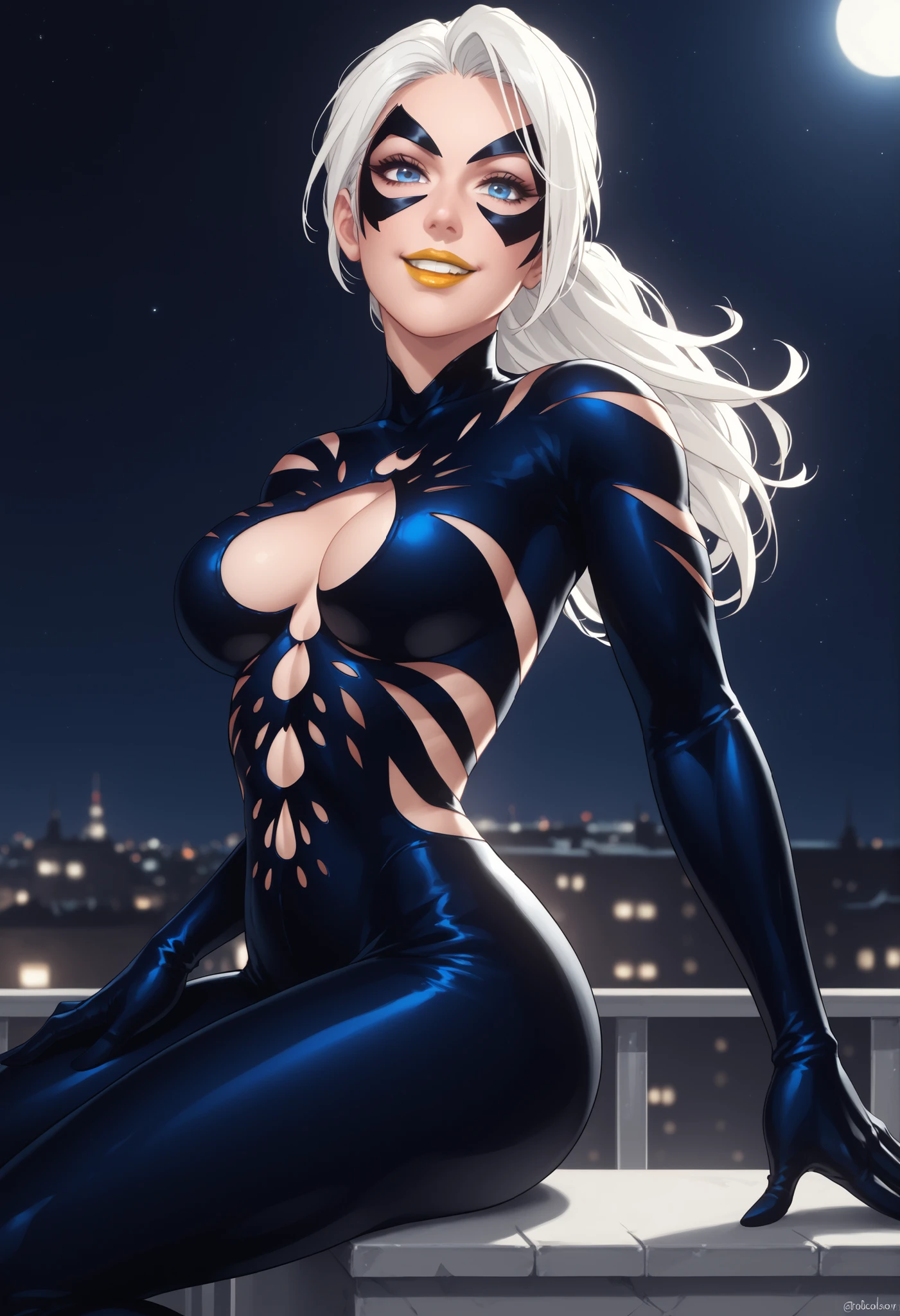 woman, big breasts, anime style, yellow lipstick, white skin, white hair, looking at the viewer, on top of the roof, focus on the character, night, incredible lighting, dark environment, side view, open arms, blue eyes, symbiote, mask, black Symbiote, Symbiote costume, long hair, sensual smile, sexy, Web of Shadows Blackcat Suit, Black Cat, Black Cat Symbiote 