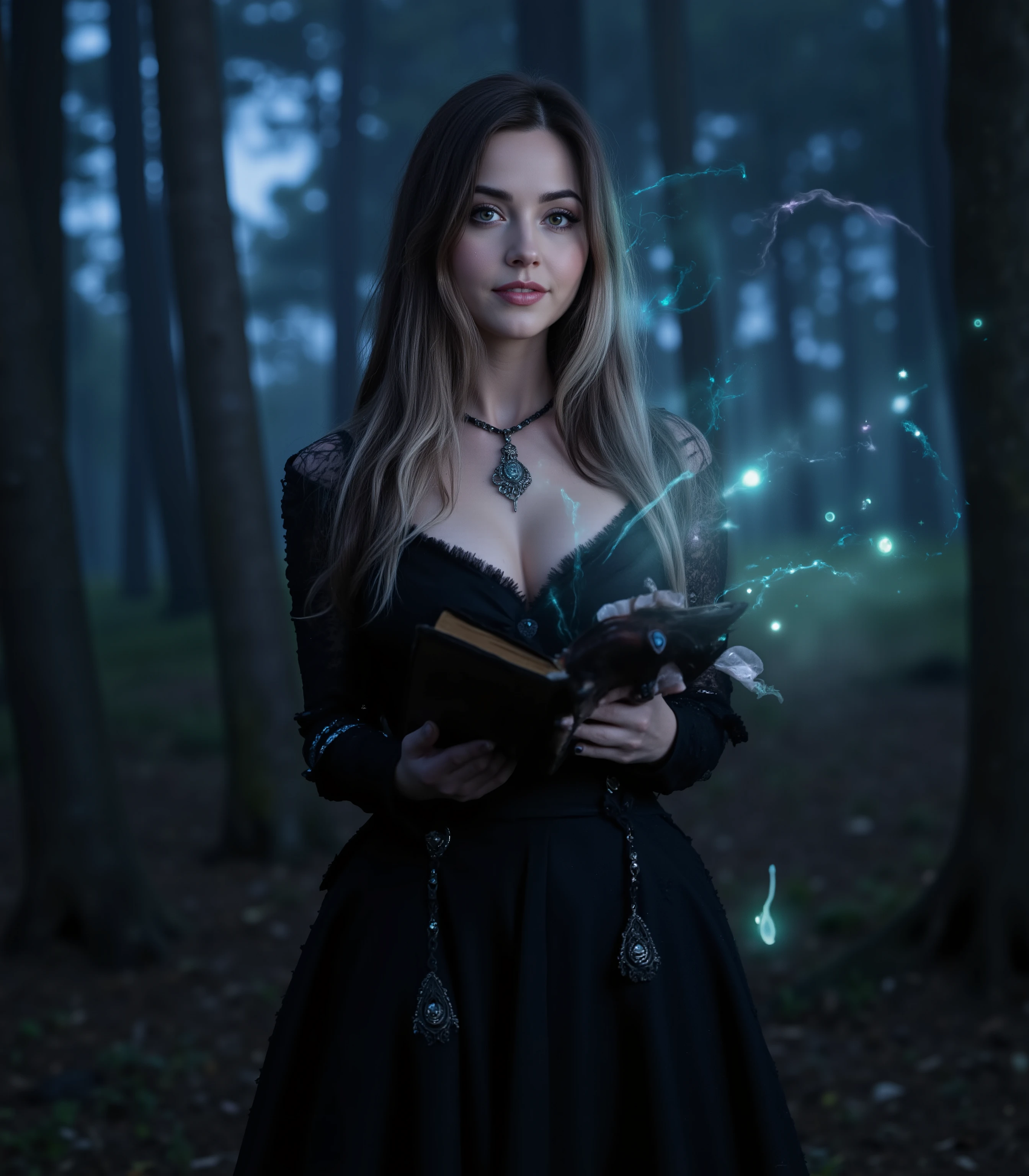 (masterpiece, best quality, 8k, UHD, photorealistic:1.4),
portrait of a beautiful slender witch with (voluptuous bust:1.2), wearing a stunning, elegant black form-fitting dress that accentuates her hourglass figure,
standing in a mystical forest at twilight, glowing runes and magical particles floating around her,
Her face is delicate with sharp features, (mysterious green eyes:1.3), pale skin with a subtle glow,
long dark hair with silver streaks, holding a ancient leather-bound spellbook,
Atmospheric mist, moonlight filtering through ancient trees, bioluminescent mushrooms,
cinematic fantasy lighting, sharp focus on her eyes and the dress fabric,
style of Witcher 3 sorceress, dark fantasy aesthetic, detailed magic effects