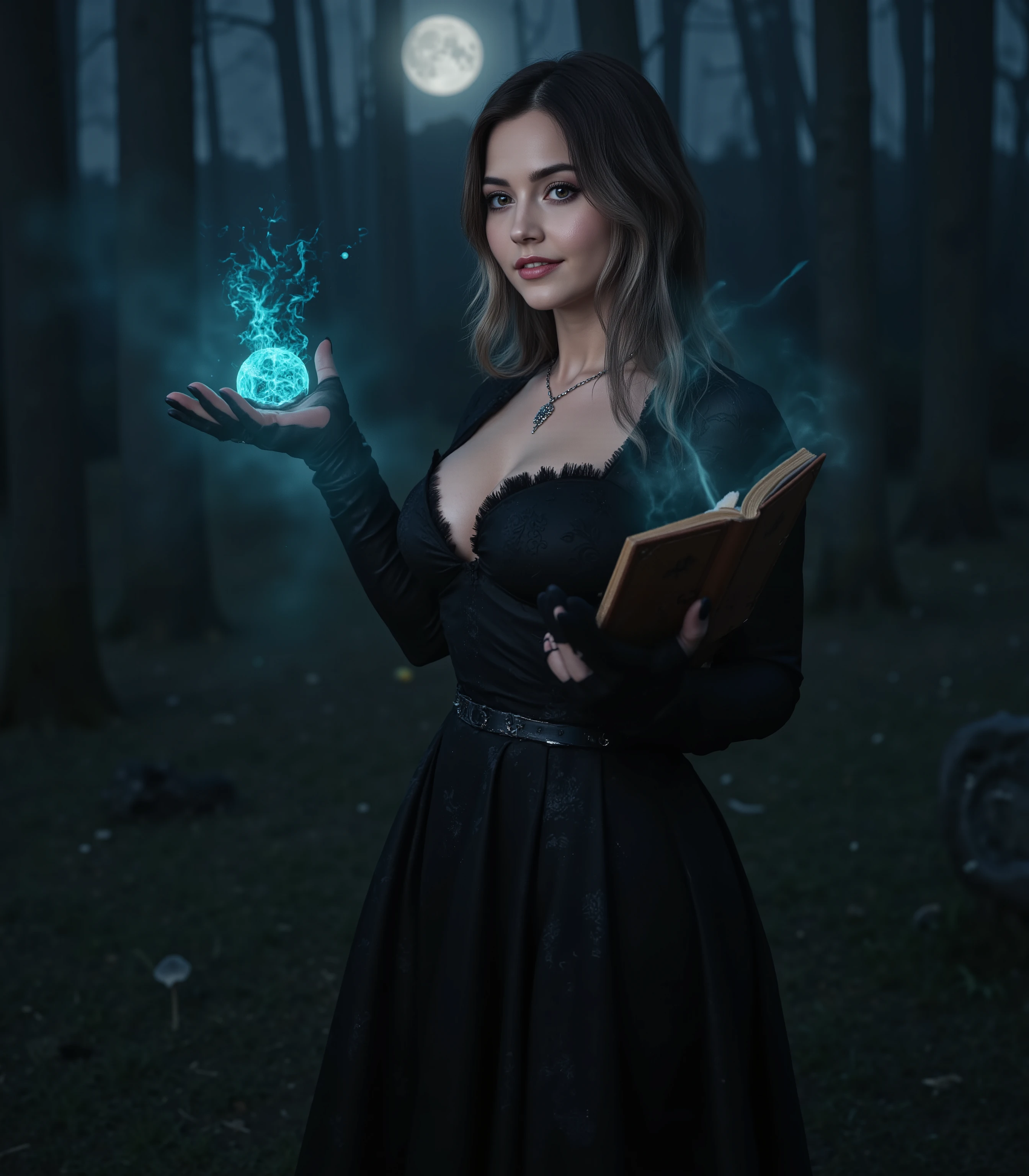 (masterpiece, best quality, 8k, UHD, photorealistic:1.4),
portrait of a beautiful slender witch with (voluptuous bust:1.2), wearing a stunning, elegant black form-fitting dress that accentuates her hourglass figure,
standing in a mystical forest at twilight, glowing runes and magical particles floating around her,
Her face is delicate with sharp features, (mysterious green eyes:1.3), pale skin with a subtle glow,
long dark hair with silver streaks, holding a ancient leather-bound spellbook,
Atmospheric mist, moonlight filtering through ancient trees, bioluminescent mushrooms,
cinematic fantasy lighting, sharp focus on her eyes and the dress fabric,
style of Witcher 3 sorceress, dark fantasy aesthetic, detailed magic effects