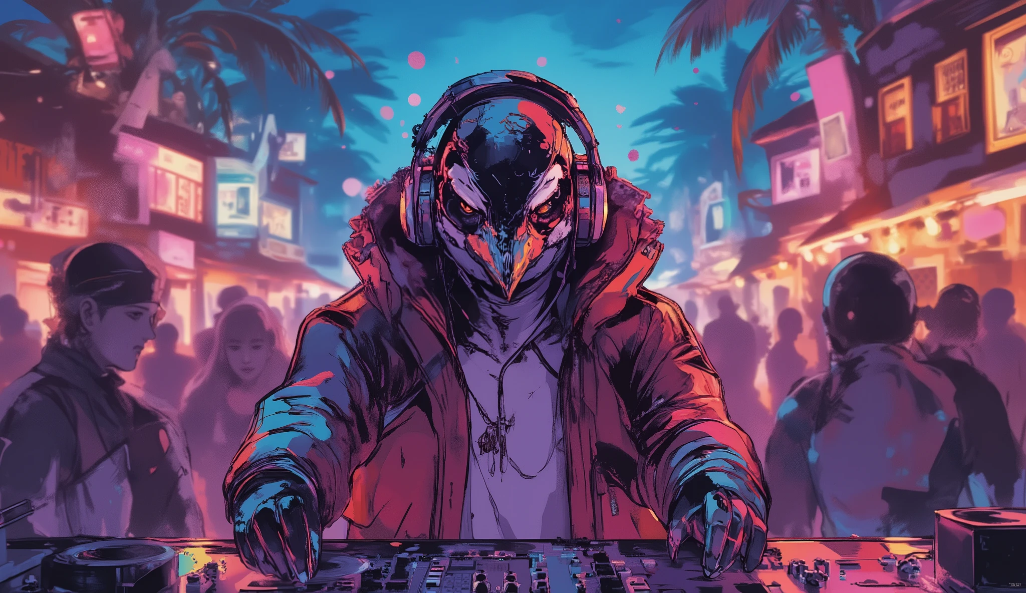 tropical resort party night、A penguin wearing big HIPHOP clothes、wearing headphones and standing in the DJ booth、dynamic composition in solution、high definition、beautiful in every detail、anime style、Super high quality、Highest Quality、8k resolution