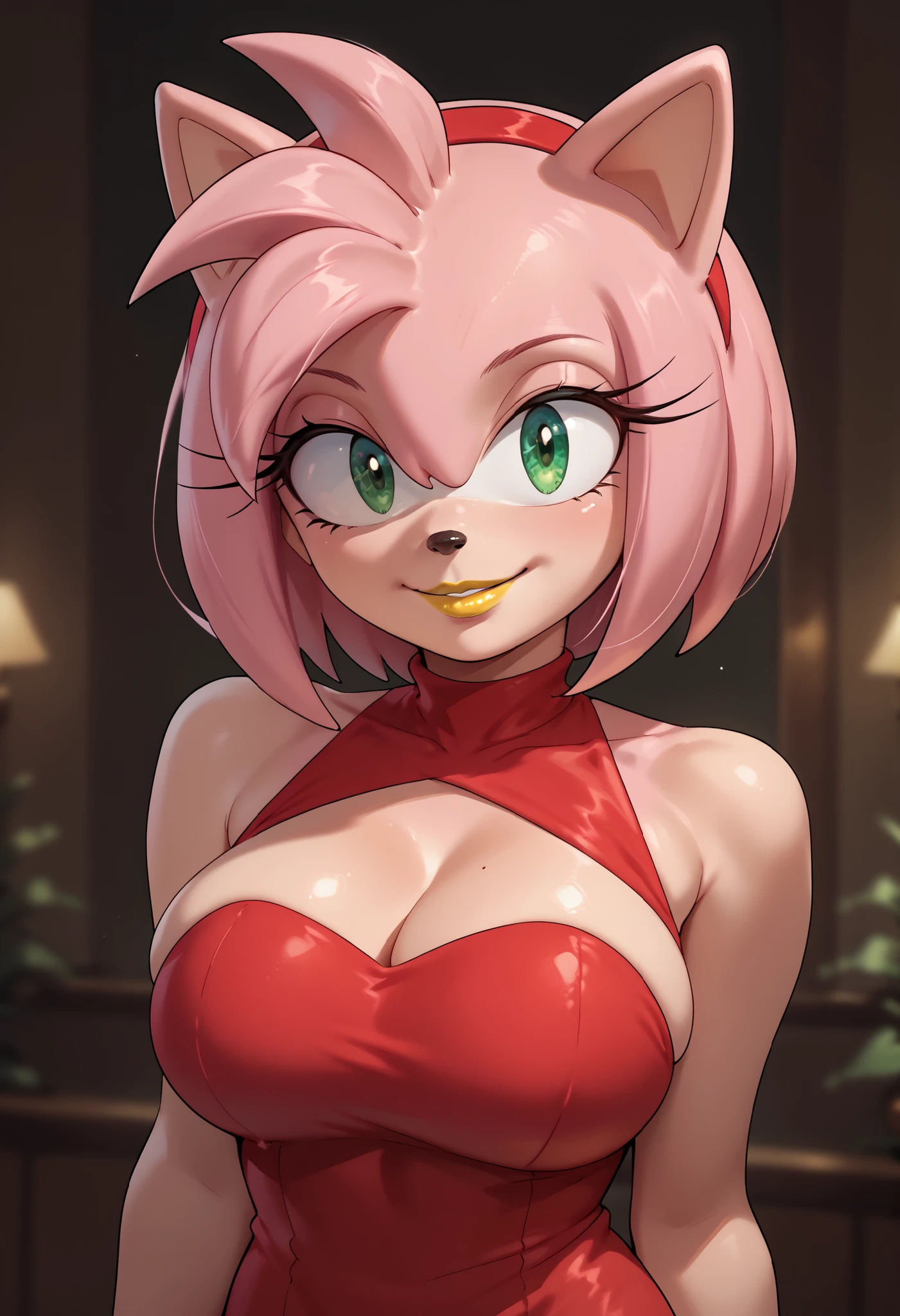 Female furry, green eyes, pink hair, big breasts, red dress, anime style, yellow lipstick, Amy Rose, sensual smile 