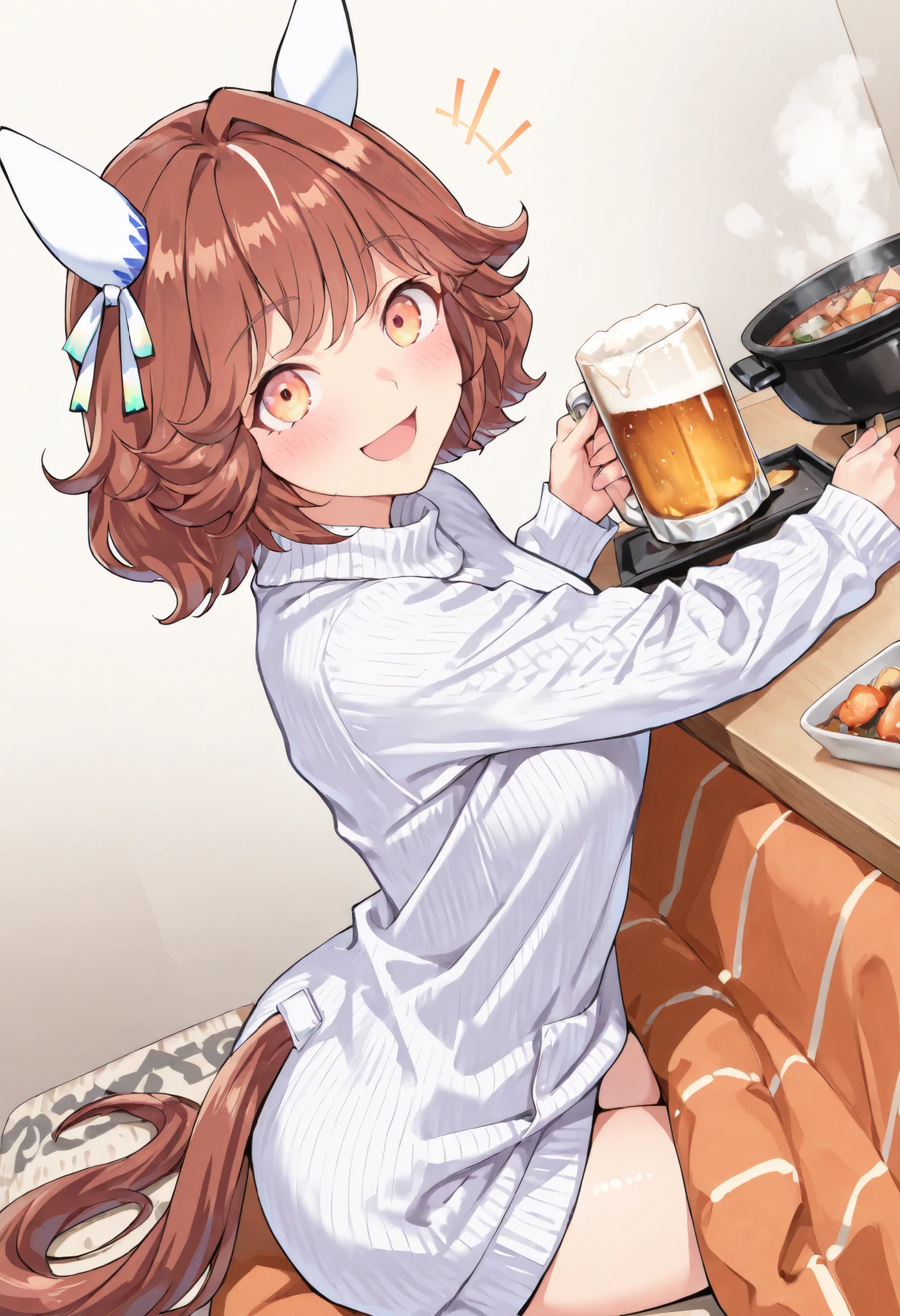 (masterpiece, best quality, perfect face:1.4), wide angle, haiseiko \(umamusume\), 1girl, brown hair, orange eyes, ear covers, horse ears, ear ornament, horse tail, tail on the lower back, proportional body, proportional,1 girl, beautiful hair, beautiful face, beautiful detailed eyes, beautiful clavicle, beautiful body, beautiful chest, beautiful thigh, beautiful legs, beautiful fingers, looking at viewer, BREAK, winter attire, Kotatsu, Japanese hot pot dishes, drinking beer, Steam rises from the pot, ecstatic expression, Ergonomically Correct Body, textured skin, realistic skin, HDR, BREAK, (perfect hands, perfect anatomy),