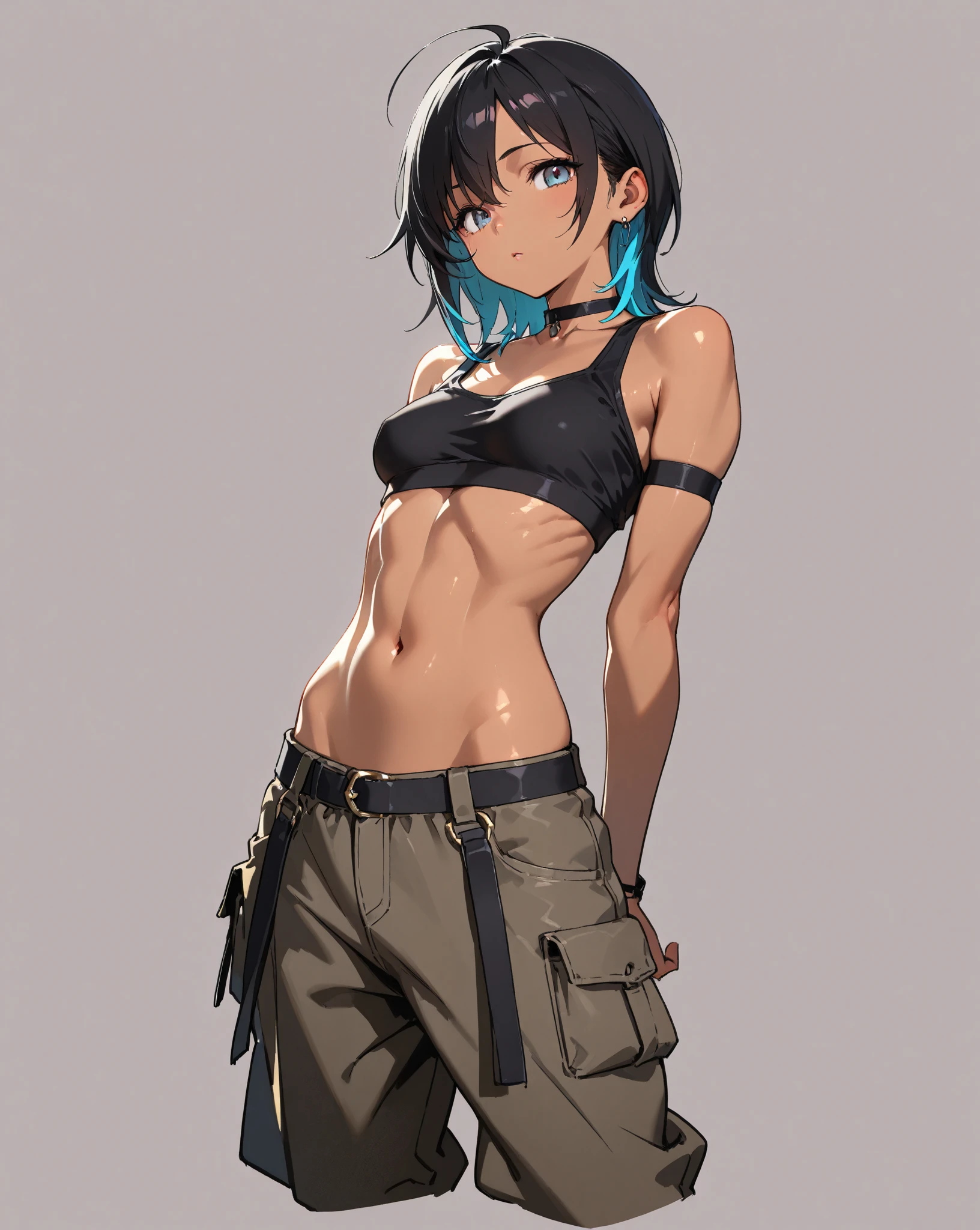 (masterpiece), ((highest quality)), (Super detailed), (perfect body), (((1 girl)), dark blue hair, short hair,ponytail, dark blue eyes, (((Elegant b hroom)),  bでh towel, Medium , W de er drople,  shoulders, clavicle, thighs, blush, Wet: 1.1, perfect hands,Rich details, perfect image quality,toned body,Tank top,shorts,Finger piercing gloves,hunter,Leather Vest