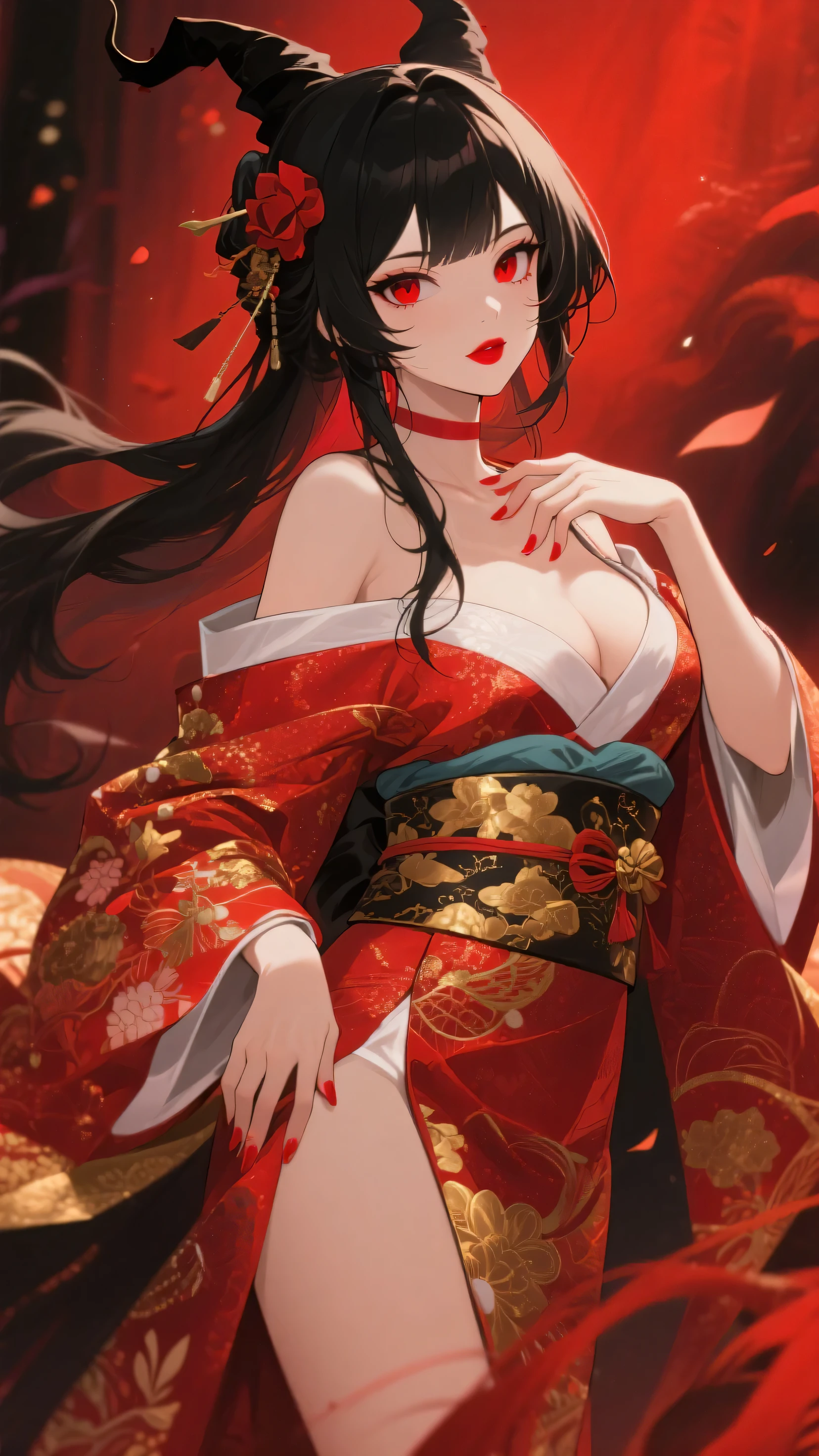 Amaterasu, goddess of the sun, incarnation of the sun, supreme god of Japan, ruler of Takamagahara and the deification of the sun. The ancestor of the Japanese emperor, the supreme god of Shinto in Japan, the incarnation of Ōri Rulai, cherry blossoms, (normal ???????), (human wife), indifference, extreme majesty, daunting, dark eyes, Japanese makeup, kneeling, shaping a glorious atmosphere, radiant heaven and earth, fair skin, long black hair, sun tattoo on ?????, eight-foot qionggouyu, mother, gorgeous costume, (extremely wide kimono), clogs, white socks, perfect legs, Japanese kabuki costume, gorgeous belt, (lots of luxurious accessories) ,Perfect flesh full of texture, , Scorching rendering effect, Jaw-dropping, Captivating visual enjoyment, ((Best quality)), ((Masterpiece)), Maximum definition, 8K wallpaper, Official art, Multi-layer texture , Super detailed, Illustration, (Super detailed face), (Perfect face), Clear texture, Fine texture, Ultra HD detail display, Excellent image performance, high-quality illustration, perfectly fit harmonious tone, deep lines, precise brush strokes, with a strong sense of three-dimensionality and delicate wear, wonderful color matching, intricate details