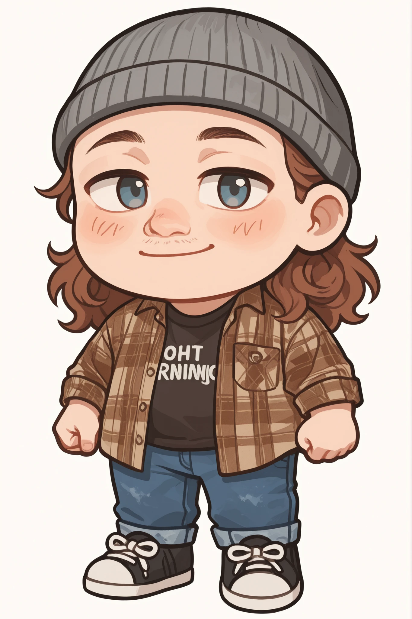 cartoon boy with a hat and a shirt on, advanced digital chibi art, full body character portrait, character portrait of me, character full body portrait, highly detailed character, detailed fanart, character concept portrait of me, detailed character portrait, highly detailed character design, full body portrait of a short!, cartoon style illustration, cute detailed digital art, detailed digital illustration, A cartoon character standing in a casual pose is depicted with detailed clothing elements. The character wears a gray beanie, snugly fitted over a head of long, flowing brown hair that curls gently at the ends. Enhancing the casual look, a plaid shirt with shades of brown, orange, and beige is loosely layered over a dark T-shirt with partially visible text reading "MORNING." The shirt features a small pocket on the left side and is buttoned down. Completing the outfit, the character wears classic blue jeans, slightly baggy and cuffed at the ankles, and black sneakers with white accents, including oversized laces tied in a neat bow. The overall style suggests a relaxed and laid-back demeanor, accentuated by the choice of cozy, familiar apparel. Boy, man, chubby, masculine