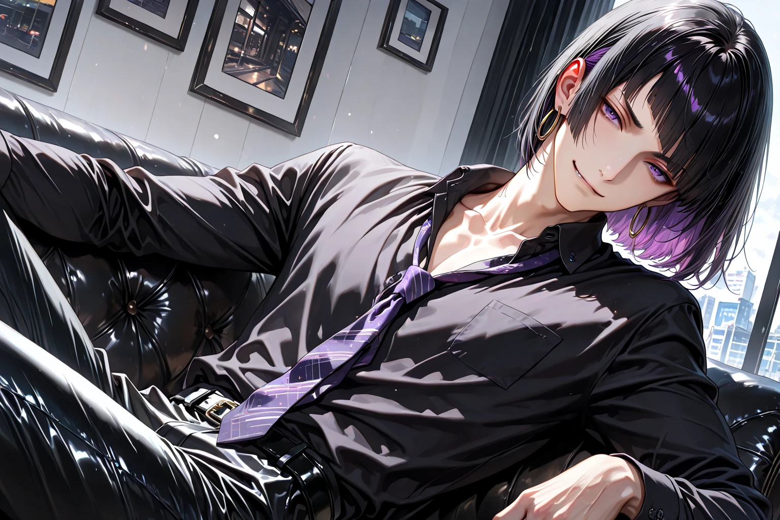 anime protagonist, de corpo inteiro, purple hair, cold stare, purple eye with neon purple glow, half slanted eye, cold expression, big male hair, black hair with purple tips, character wearing black t-shirt, leather-like pants, using 2 belts, one on each side of the legs, to secure the revolver, using black military fighter, and boots 