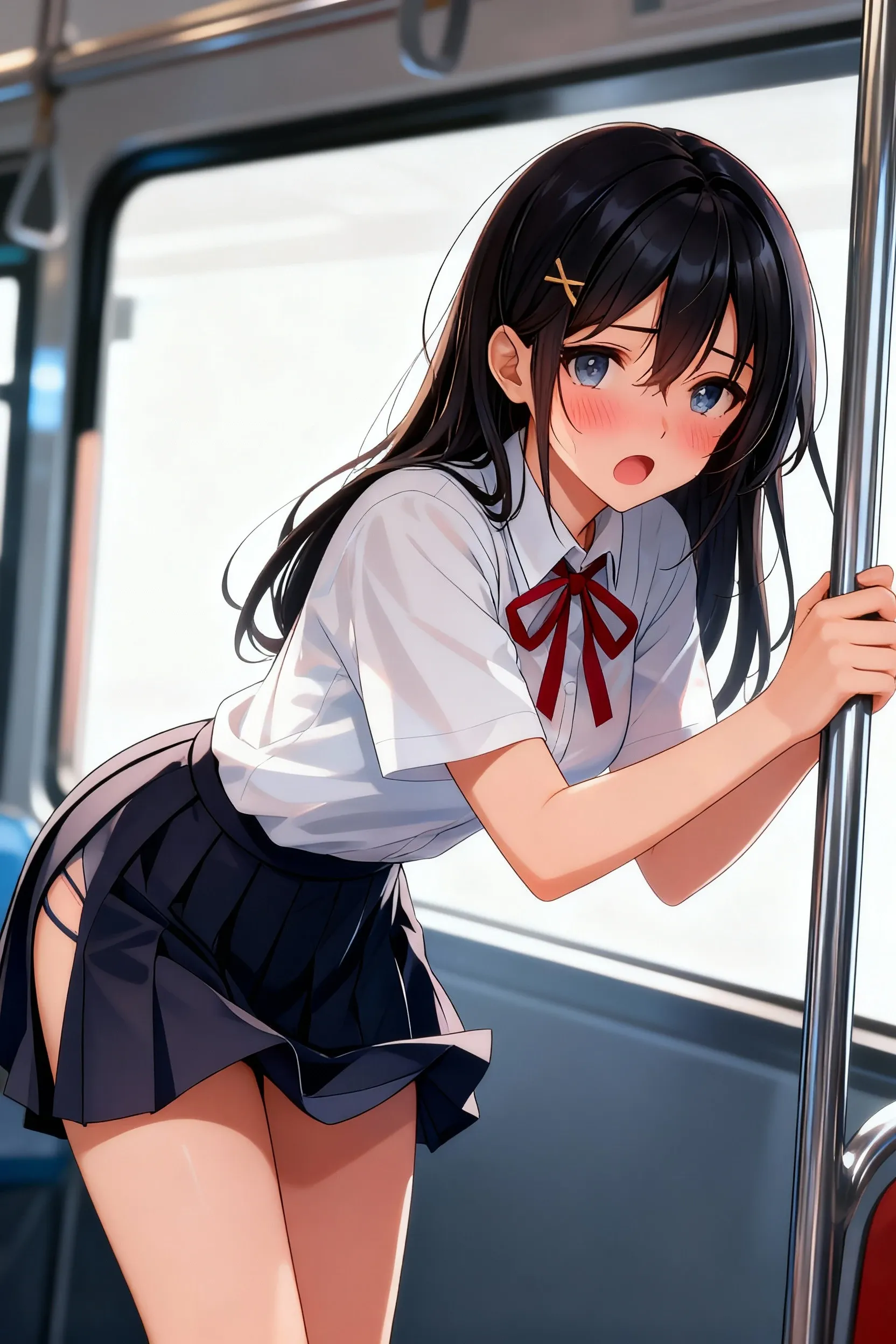 (masterpiece: 1.3), (Maximum resolution: 1.2), (Ultra HD TV: 1.2), Cinema Lights, 8k resolution, Beautiful Eyes and skin, Detailed faceの特徴, , (Sharp focus on the : 1.2）, (The focus is on the face:1.2),Perfect Style, Short hairstyle with two ponytails:1.2、Cute Face, Accurate, Anatomically correct, Highly Detailed face and skin texture, Beautiful Eyes, double eyelid, Thin eyebrows, Glitter Eyeliner: One natural cheek, Glowing Skin, Fair skin, Glowing Skin: 1.2, (Glossy Lips: 1.4),、 (Embarrassed look: 1.2),Short 12 year old female, (Detailed face:1.2), (Highest quality:1.2), Retrospective photos of the rear roam、Angle from below, Low Angle, , Cinema Lighting, Perfect Style, Beautiful Face, (Skirt Lift:1.8), Loose and wrinkled white panties, (Casual fashion:1.2)stockings, blush、humiliation、impatience、Glare、tears、Embarrassing、Surprised expression、Expressions of anger、Sweaty、Retrospective photos of the rear roam、Low Angleから、Soaking wet、(Ejaculate in a tight skirt:1.3)、( on a tight skirt:1.3),(Attractive :1.2),、Exposed panties、Disheveled clothes、Exposed breasts、Inside the train、