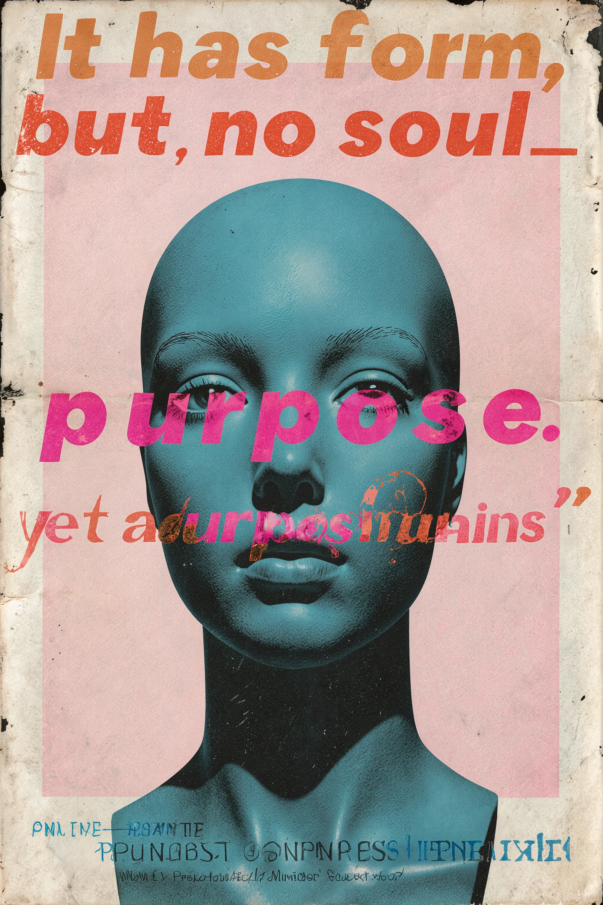 Propaganda Artistic,conceptual pop art poster,(bold typography reading text“It has form, but no soul — yet a purpose remains.”), a realistic mannequin-like human figure,headless, painted in flat pastel tones, vintage silk-screen texture, slightly worn paper look, mix of artificial beauty and emotional emptiness, Warhol-inspired composition, minimalistic layout, philosophical tone