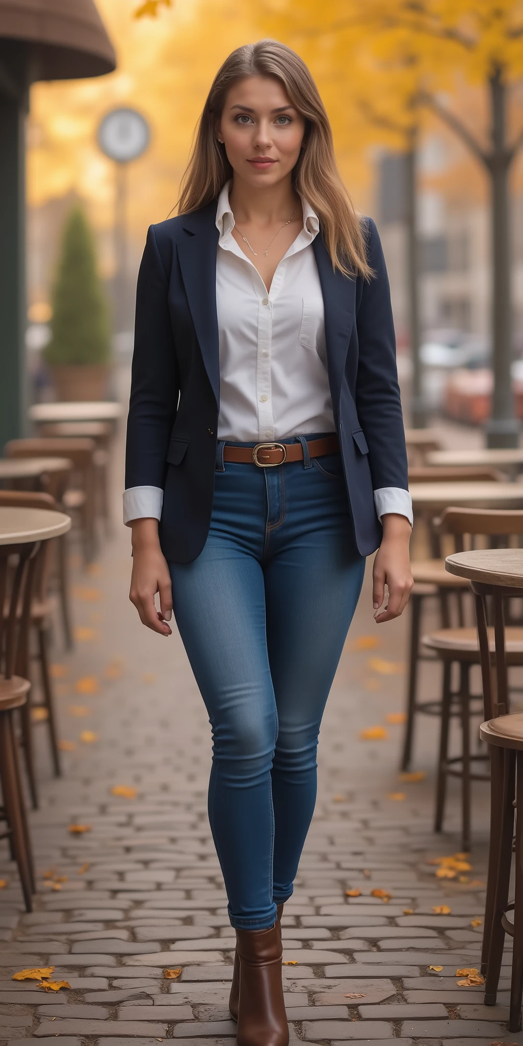 1girl, 8k high resolution, best quality, 20-year-old Norwegian woman, long straight light brown hair with subtle highlights, smooth forehead, gray-blue eyes, fair skin with natural rosy cheeks, slim yet curvy body, C-cup bust, white button-up blouse with rolled sleeves, medium-blue high-rise skinny jeans, dark navy blazer, brown leather ankle boots, matching brown belt, simple gold necklace, pearl stud earrings, natural makeup with nude tones, Scandinavian smart casual fashion, full body, outdoor café terrace with wooden tables, fallen yellow leaves on cobblestones, warm autumn sunlight filtering through trees, crisp October air, relaxed elegant posture, cozy Nordic city atmosphere