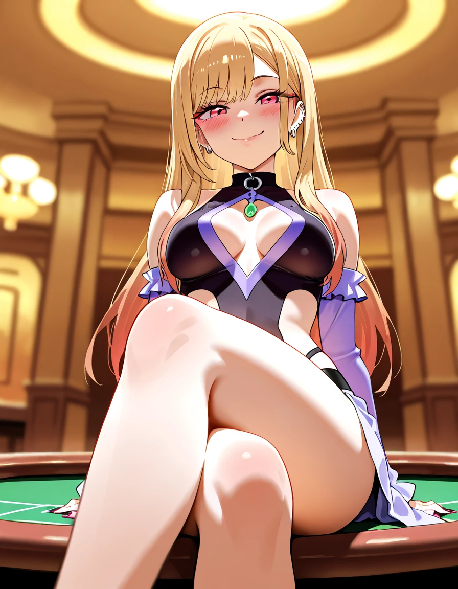 nsfw,Masterpiece、Cowboy Shot、One hand on hip、phsaber,Artoria、((Big Breasts))、(smile)、((Completely naked))、((vivid purple sexy high leg panties))、Calm expression、(((Close your mouth)))、((Inside the casino))、Shiny Skin、(Smile)、Vivid Green Eyes、Big eyes、Detailed eyes、Toned thighs、Around 30 years old、Above the knee socks、Glamorous Girl、Sexy pose、Five fingers、