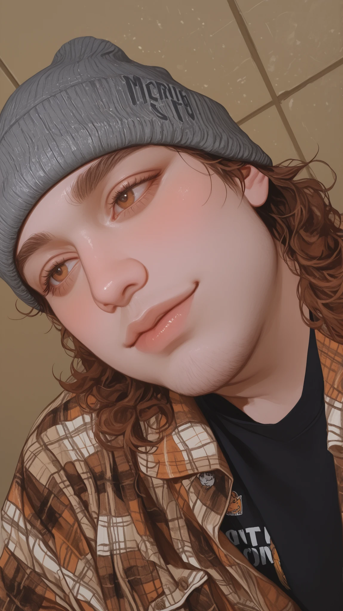 cartoon boy with a hat and a shirt on, advanced digital chibi art, full body character portrait, character portrait of me, character full body portrait, highly detailed character, detailed fanart, character concept portrait of me, detailed character portrait, highly detailed character design, full body portrait of a short!, cartoon style illustration, cute detailed digital art, detailed digital illustration, A cartoon character standing in a casual pose is depicted with detailed clothing elements. The character wears a gray beanie, snugly fitted over a head of long, flowing brown hair that curls gently at the ends. Enhancing the casual look, a plaid shirt with shades of brown, orange, and beige is loosely layered over a dark T-shirt with partially visible text reading "MORNING." The shirt features a small pocket on the left side and is buttoned down. Completing the outfit, the character wears classic blue jeans, slightly baggy and cuffed at the ankles, and black sneakers with white accents, including oversized laces tied in a neat bow. The overall style suggests a relaxed and laid-back demeanor, accentuated by the choice of cozy, familiar apparel. Boy, man, chubby, masculine