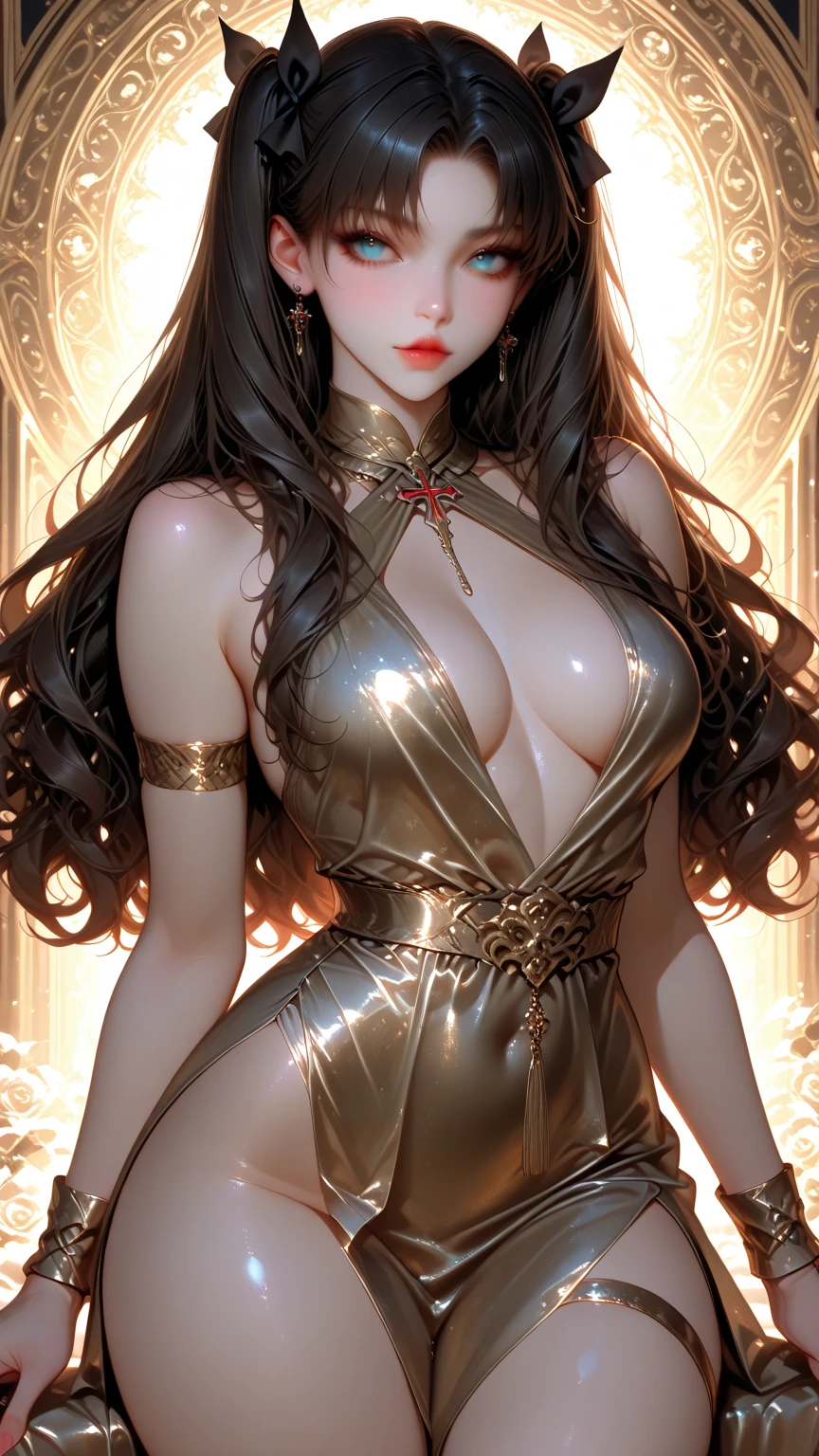 Dejah Thoris, the princess of Mars, poses gracefully in the Martian desert, with ancient pyramids and sunrays behind her. Her eyes, face and skin are exquisitely detailed, reflecting her royal heritage and exotic beauty. Her body is slender and voluptuous, with medium-sized ??????? and thighs that allure the viewer. She wears a golden tiara and a halo, indicating her high rank and power. Golden sparks and lightning surround her, contrasting with the reddish sky. She is participating in a holy ritual, but she seems calm and joyful. She wears a sheer silk robe that exposes her body beneath, including her She has black hair with red highlights, ????????????? with underboob, and a mix of Deepika Padukone and HoYeon Jung's features. She is talking and smiling with someone unseen, having fun at the celebration. The background shows a realistic castle with shadows and textures. This is a 4K highly detailed digital art, rendered with octane, in 8K resolution. It is a concept art for a fantasy project by Mappa studios, in the style of ligne claire and warm colors. It is a masterpiece of realism and composition, and it is trending on Artstation. It is an official art, an illustration, and a ???? work.